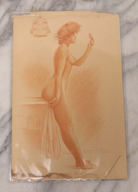 Lot 120 - Antique Nude Pinup Ephemera Scrap Titled "Morning Song," Naked Lady Posing With Bird Illustrated By Archie Gunn
