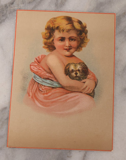 Lot 121 - Antique Chromolithograph Trade Card Featuring Little Blonde Girl Posing With Scraggly Little Dog, Advertisement On Verso For Gillette's Mammoth Pepper Box Blueing, E.W. Gillette, Manufacturer, Chicago, Illinois