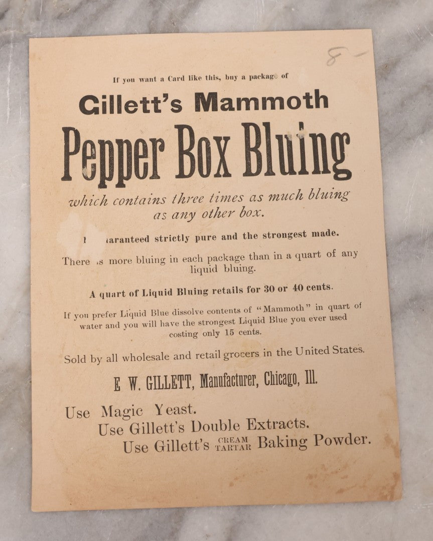 Lot 121 - Antique Chromolithograph Trade Card Featuring Little Blonde Girl Posing With Scraggly Little Dog, Advertisement On Verso For Gillette's Mammoth Pepper Box Blueing, E.W. Gillette, Manufacturer, Chicago, Illinois