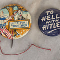 Lot 008 - Pair Of Vintage World War 2 Era Anti Hitler Pinback Buttons Including Animated Button Of Uncle Sam Hanging Hitler "Let's Pull Together," And "To Hell With Hitler" Blue Button