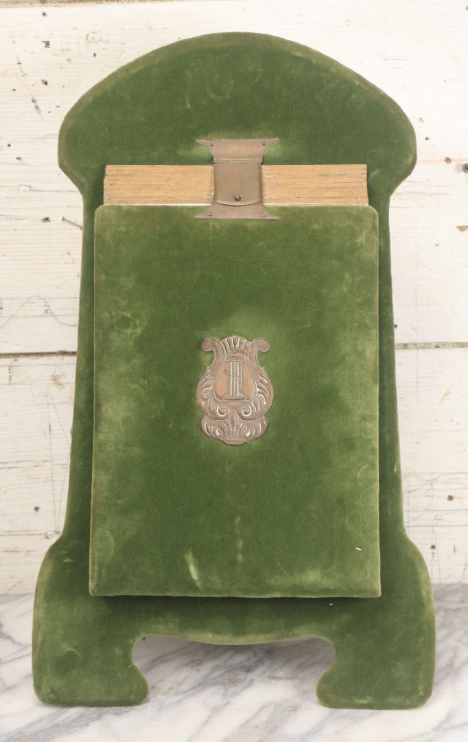 Lot 010 - Antique Victorian Green Velvet Display Photo Album With Stand And Tilt Down Cover, Brass Adornments, Containing 12 Cabinet Card And 24 C.D.V. Photographs And Images, Including Man Posing With Rifle, Sailor In Uniform, And Men Smoking
