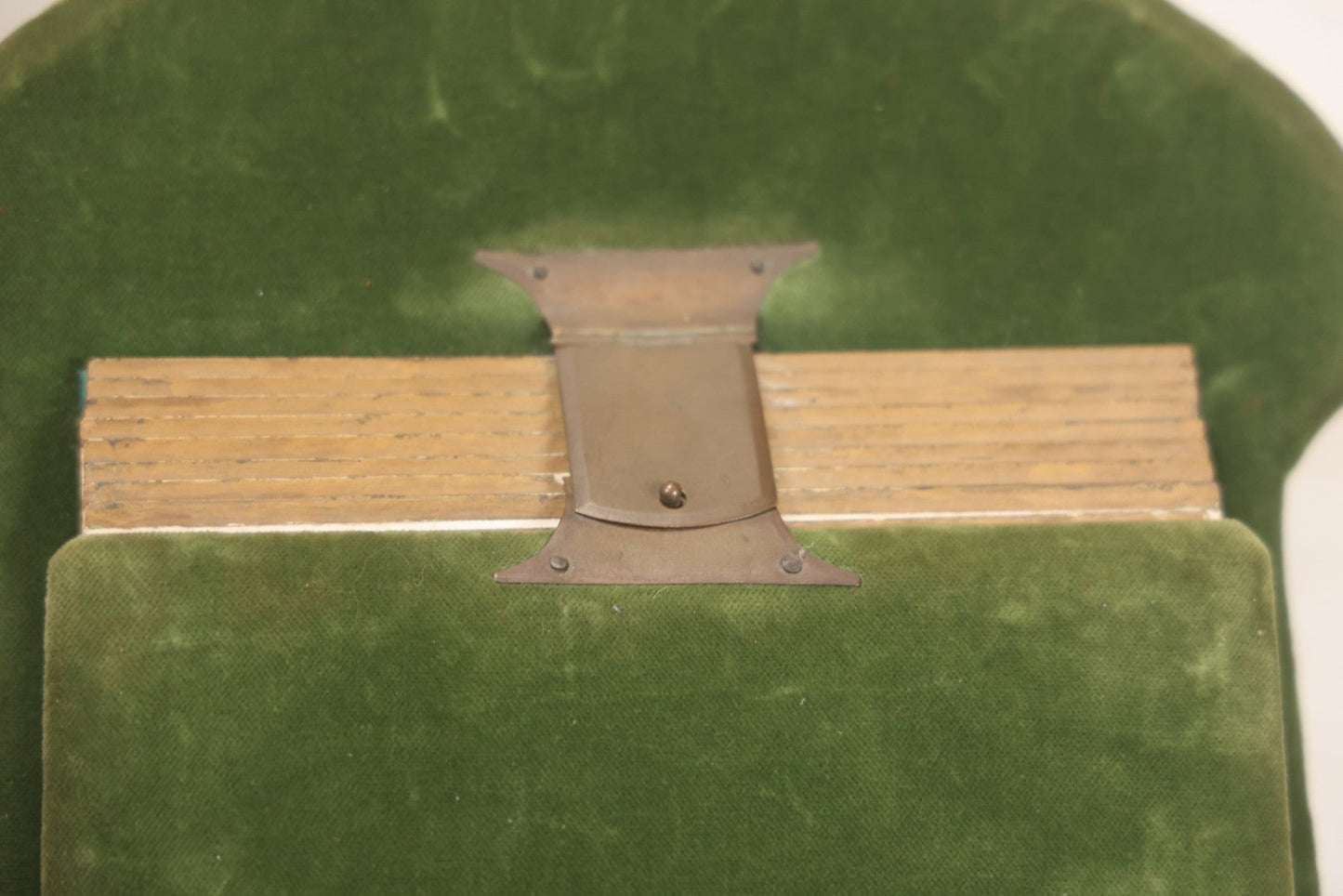 Lot 010 - Antique Victorian Green Velvet Display Photo Album With Stand And Tilt Down Cover, Brass Adornments, Containing 12 Cabinet Card And 24 C.D.V. Photographs And Images, Including Man Posing With Rifle, Sailor In Uniform, And Men Smoking