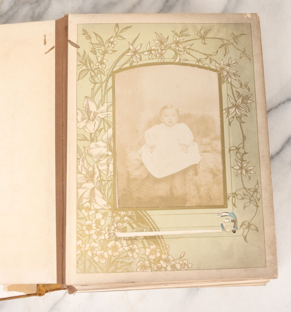 Lot 011 - Antique Victorian Photo Album With Yellow Velvet Cover, Celluloid Shell Decoration With Crab, Containing 28 Cabinet Card And Twelve C.D.V. Photographs, Including Co-Ed Class Photo, Little Girl Holding Bisque Doll, Note Binding Completely Shot