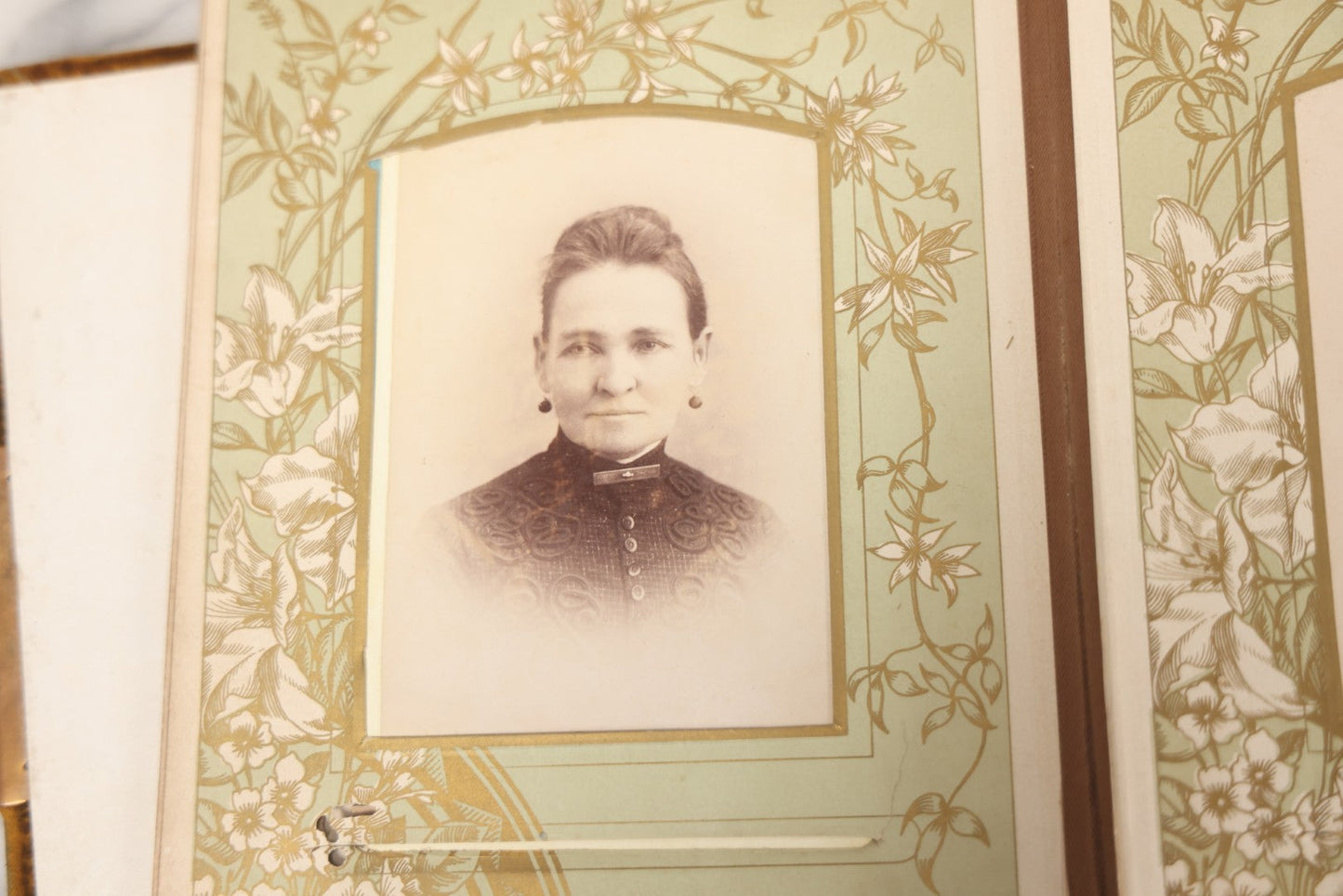 Lot 011 - Antique Victorian Photo Album With Yellow Velvet Cover, Celluloid Shell Decoration With Crab, Containing 28 Cabinet Card And Twelve C.D.V. Photographs, Including Co-Ed Class Photo, Little Girl Holding Bisque Doll, Note Binding Completely Shot