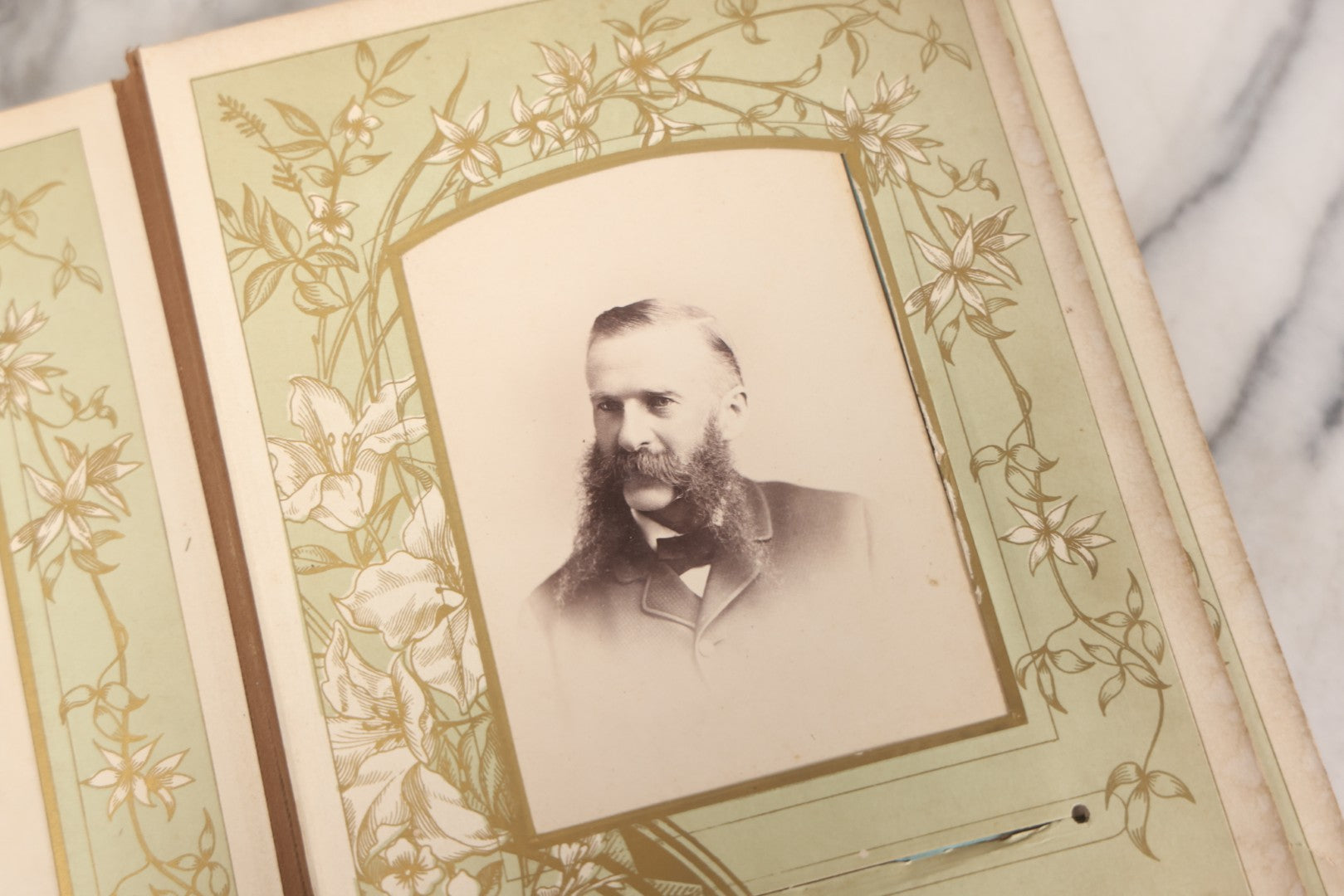Lot 011 - Antique Victorian Photo Album With Yellow Velvet Cover, Celluloid Shell Decoration With Crab, Containing 28 Cabinet Card And Twelve C.D.V. Photographs, Including Co-Ed Class Photo, Little Girl Holding Bisque Doll, Note Binding Completely Shot