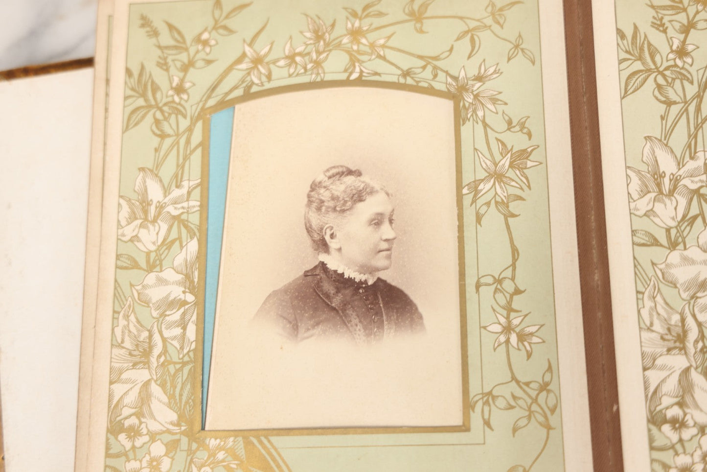 Lot 011 - Antique Victorian Photo Album With Yellow Velvet Cover, Celluloid Shell Decoration With Crab, Containing 28 Cabinet Card And Twelve C.D.V. Photographs, Including Co-Ed Class Photo, Little Girl Holding Bisque Doll, Note Binding Completely Shot