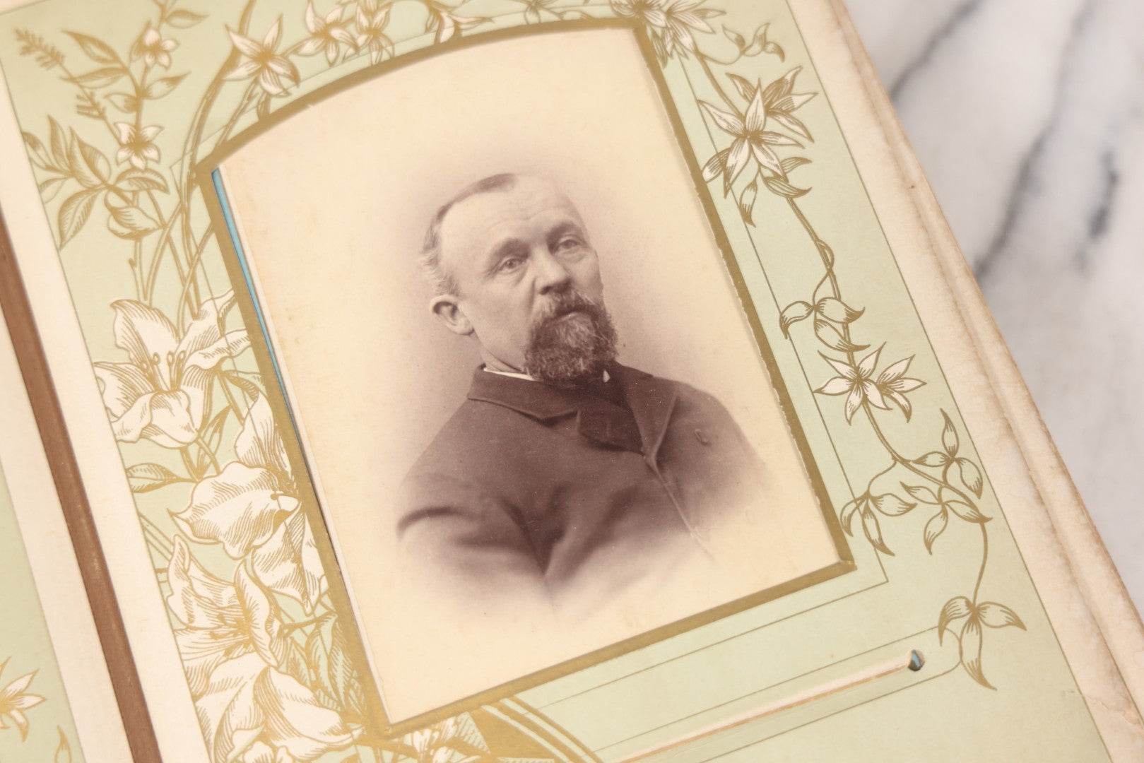 Lot 011 - Antique Victorian Photo Album With Yellow Velvet Cover, Celluloid Shell Decoration With Crab, Containing 28 Cabinet Card And Twelve C.D.V. Photographs, Including Co-Ed Class Photo, Little Girl Holding Bisque Doll, Note Binding Completely Shot