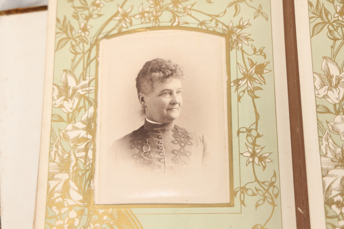 Lot 011 - Antique Victorian Photo Album With Yellow Velvet Cover, Celluloid Shell Decoration With Crab, Containing 28 Cabinet Card And Twelve C.D.V. Photographs, Including Co-Ed Class Photo, Little Girl Holding Bisque Doll, Note Binding Completely Shot