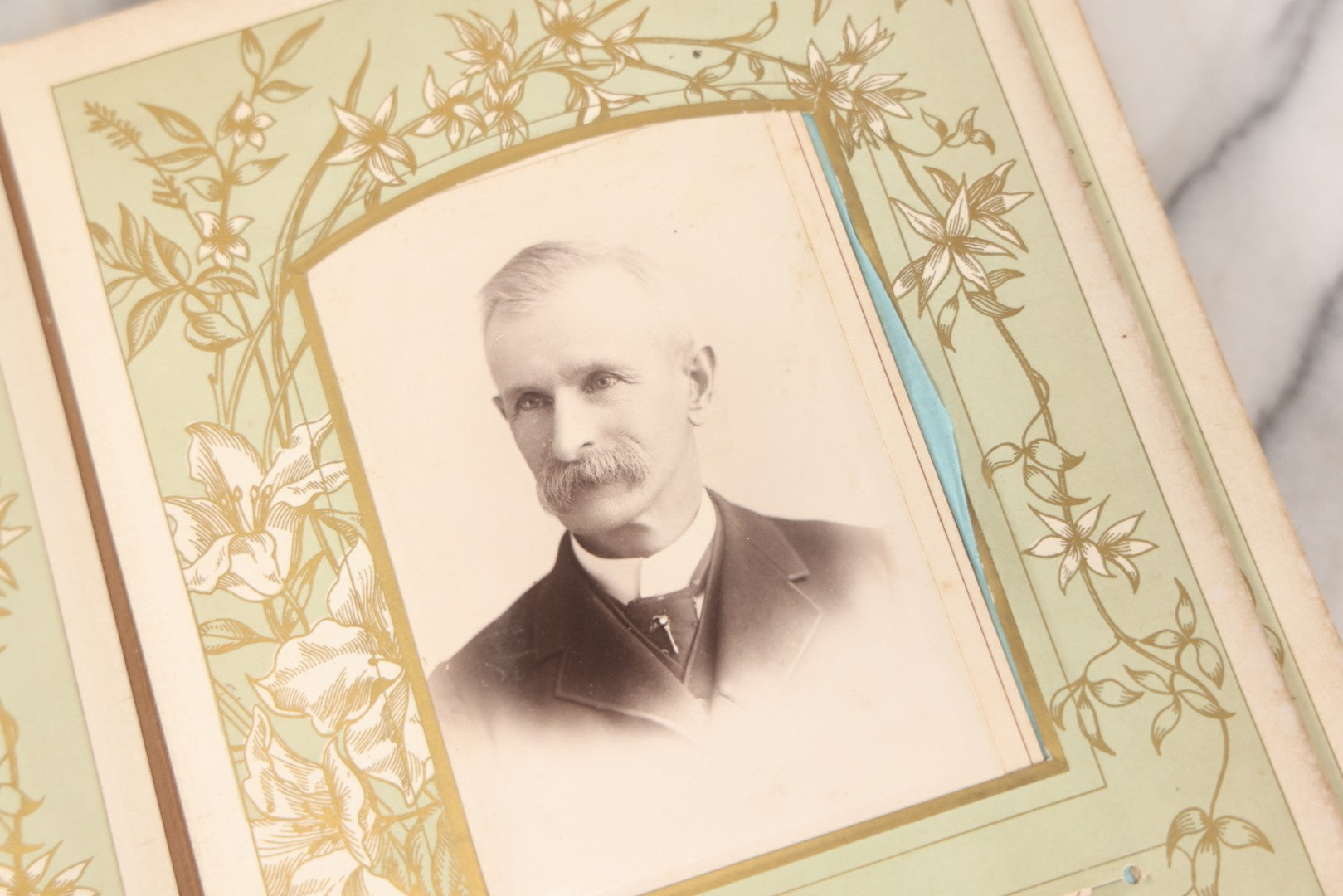 Lot 011 - Antique Victorian Photo Album With Yellow Velvet Cover, Celluloid Shell Decoration With Crab, Containing 28 Cabinet Card And Twelve C.D.V. Photographs, Including Co-Ed Class Photo, Little Girl Holding Bisque Doll, Note Binding Completely Shot