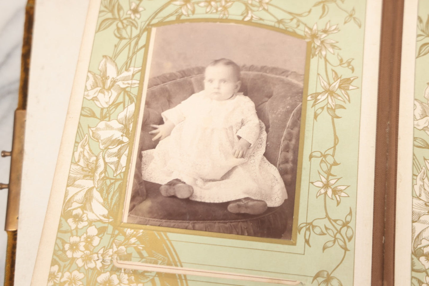 Lot 011 - Antique Victorian Photo Album With Yellow Velvet Cover, Celluloid Shell Decoration With Crab, Containing 28 Cabinet Card And Twelve C.D.V. Photographs, Including Co-Ed Class Photo, Little Girl Holding Bisque Doll, Note Binding Completely Shot