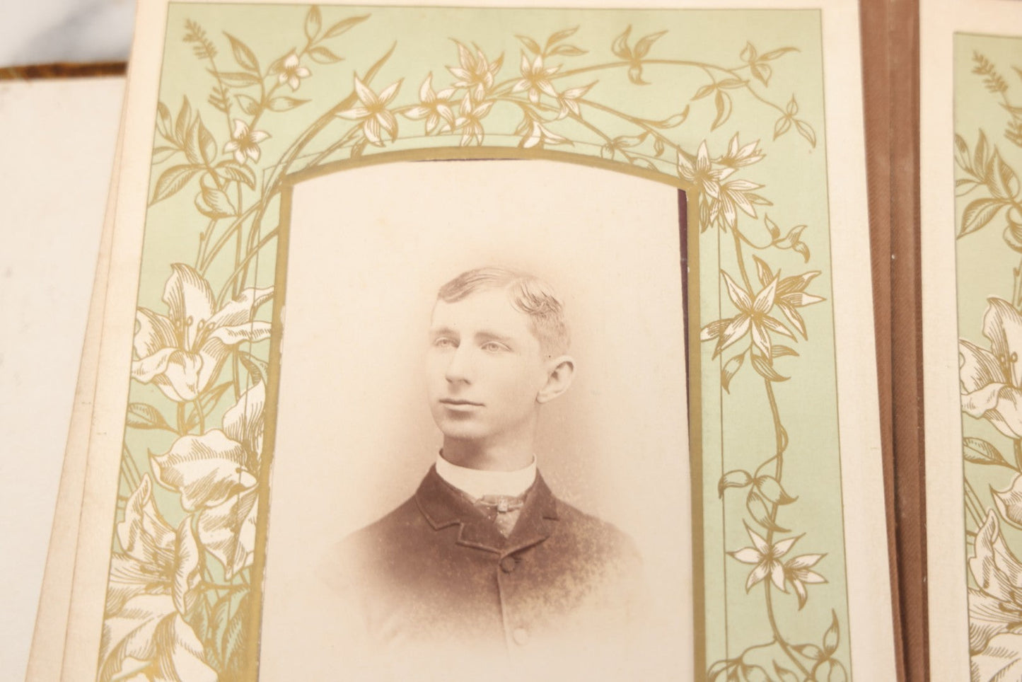 Lot 011 - Antique Victorian Photo Album With Yellow Velvet Cover, Celluloid Shell Decoration With Crab, Containing 28 Cabinet Card And Twelve C.D.V. Photographs, Including Co-Ed Class Photo, Little Girl Holding Bisque Doll, Note Binding Completely Shot