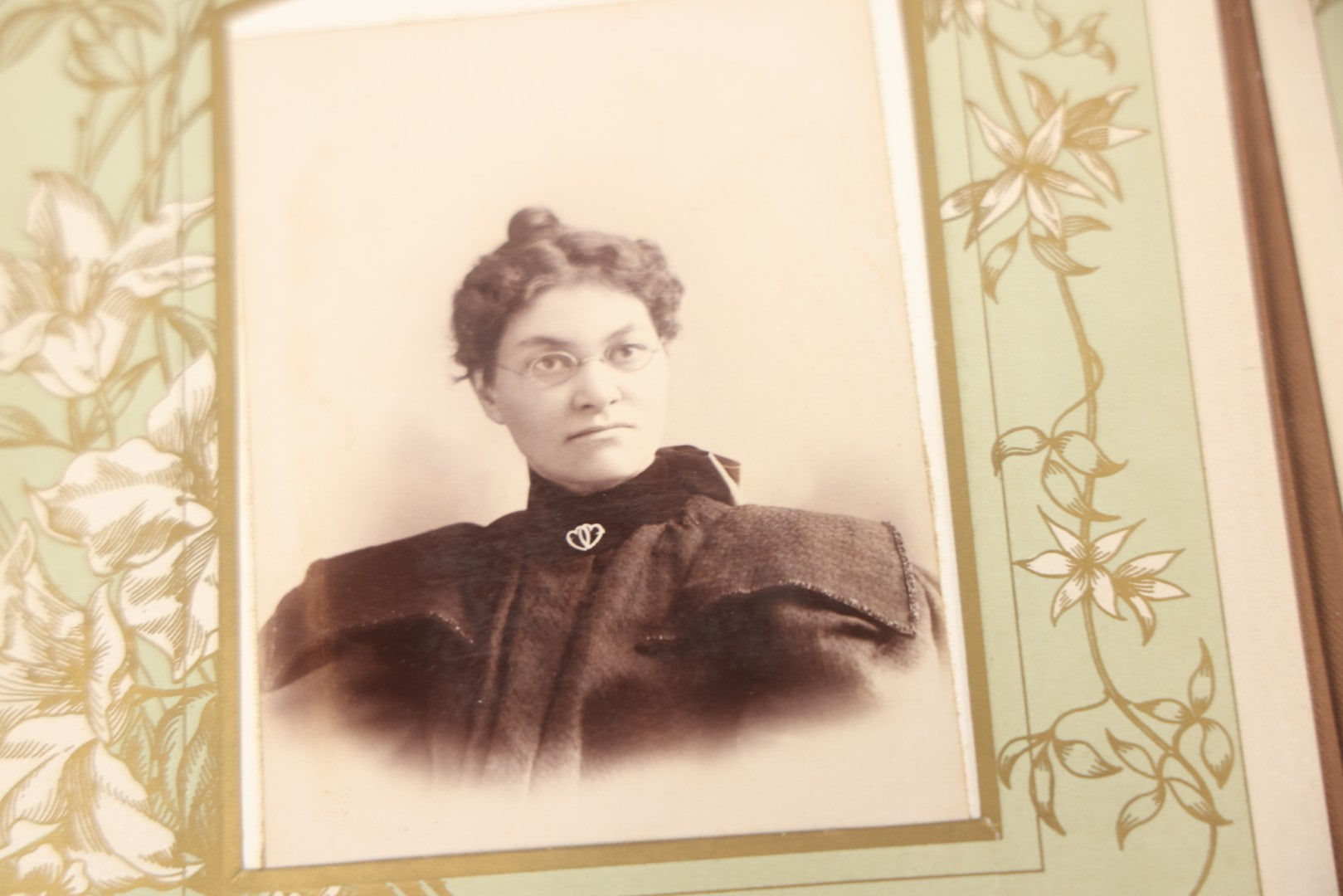 Lot 011 - Antique Victorian Photo Album With Yellow Velvet Cover, Celluloid Shell Decoration With Crab, Containing 28 Cabinet Card And Twelve C.D.V. Photographs, Including Co-Ed Class Photo, Little Girl Holding Bisque Doll, Note Binding Completely Shot