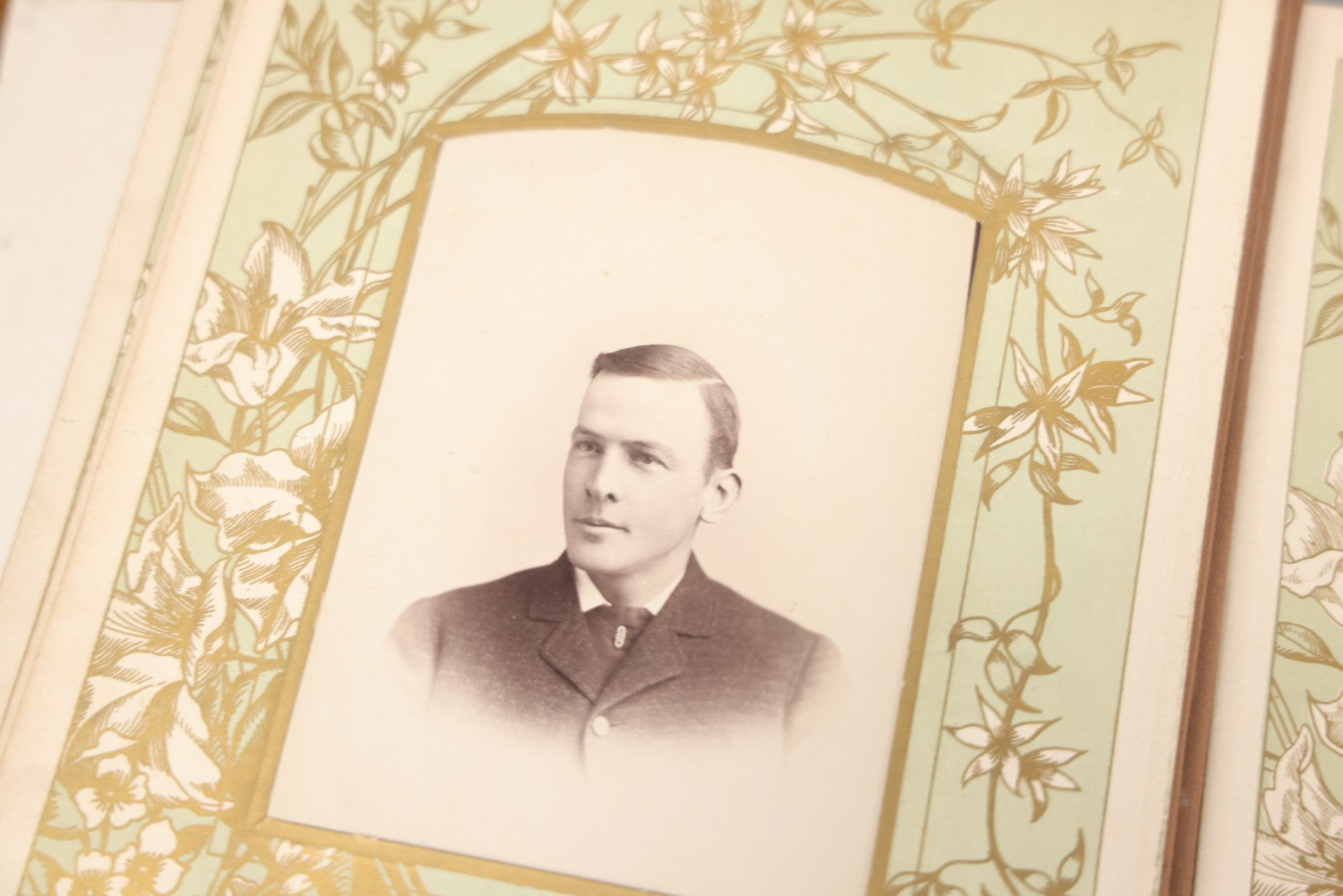 Lot 011 - Antique Victorian Photo Album With Yellow Velvet Cover, Celluloid Shell Decoration With Crab, Containing 28 Cabinet Card And Twelve C.D.V. Photographs, Including Co-Ed Class Photo, Little Girl Holding Bisque Doll, Note Binding Completely Shot