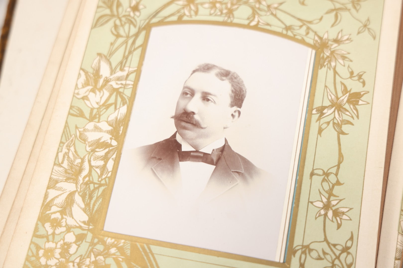 Lot 011 - Antique Victorian Photo Album With Yellow Velvet Cover, Celluloid Shell Decoration With Crab, Containing 28 Cabinet Card And Twelve C.D.V. Photographs, Including Co-Ed Class Photo, Little Girl Holding Bisque Doll, Note Binding Completely Shot