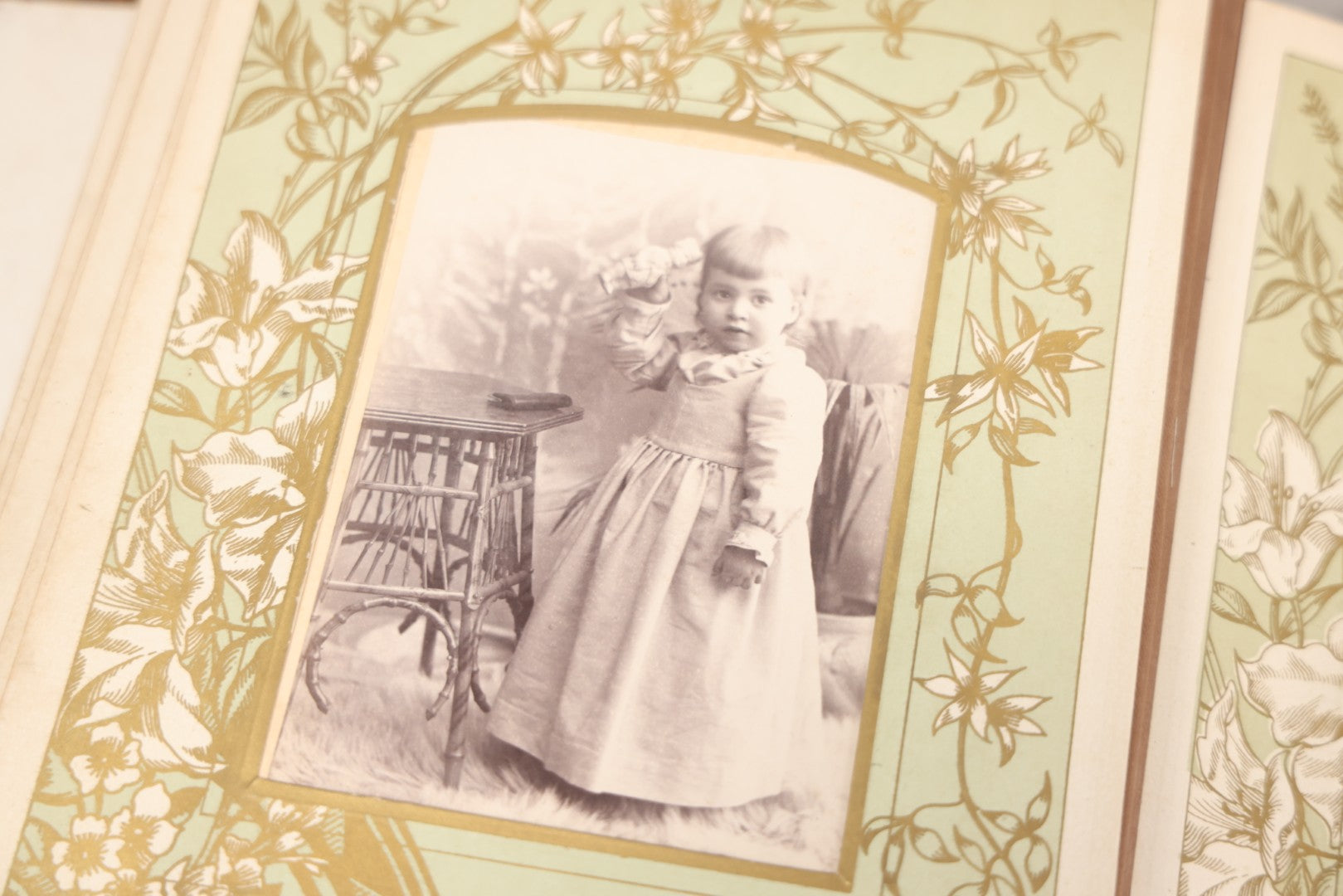 Lot 011 - Antique Victorian Photo Album With Yellow Velvet Cover, Celluloid Shell Decoration With Crab, Containing 28 Cabinet Card And Twelve C.D.V. Photographs, Including Co-Ed Class Photo, Little Girl Holding Bisque Doll, Note Binding Completely Shot