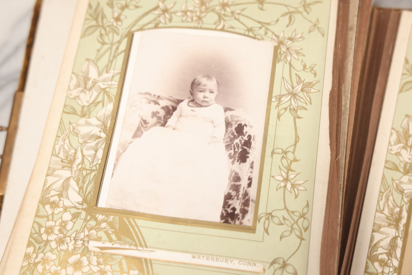 Lot 011 - Antique Victorian Photo Album With Yellow Velvet Cover, Celluloid Shell Decoration With Crab, Containing 28 Cabinet Card And Twelve C.D.V. Photographs, Including Co-Ed Class Photo, Little Girl Holding Bisque Doll, Note Binding Completely Shot