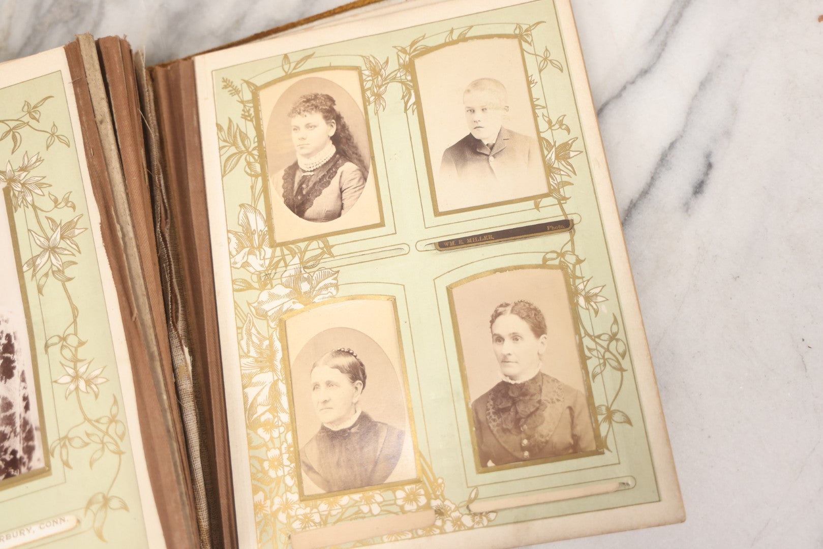 Lot 011 - Antique Victorian Photo Album With Yellow Velvet Cover, Celluloid Shell Decoration With Crab, Containing 28 Cabinet Card And Twelve C.D.V. Photographs, Including Co-Ed Class Photo, Little Girl Holding Bisque Doll, Note Binding Completely Shot