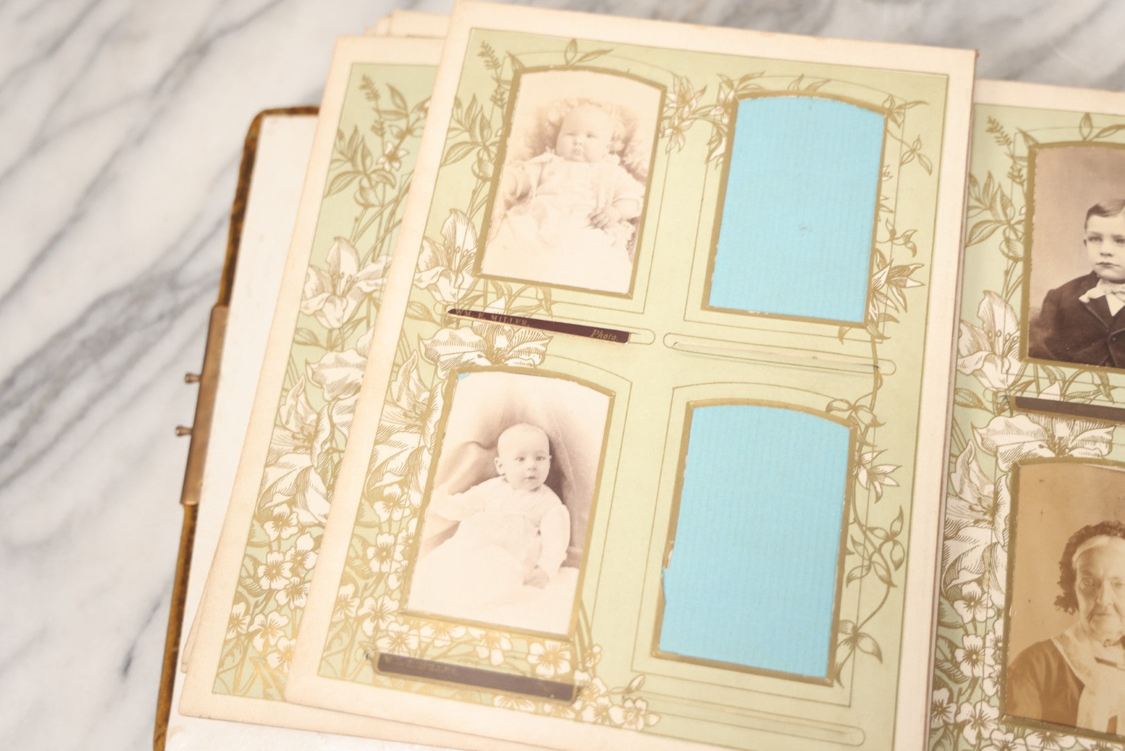 Lot 011 - Antique Victorian Photo Album With Yellow Velvet Cover, Celluloid Shell Decoration With Crab, Containing 28 Cabinet Card And Twelve C.D.V. Photographs, Including Co-Ed Class Photo, Little Girl Holding Bisque Doll, Note Binding Completely Shot