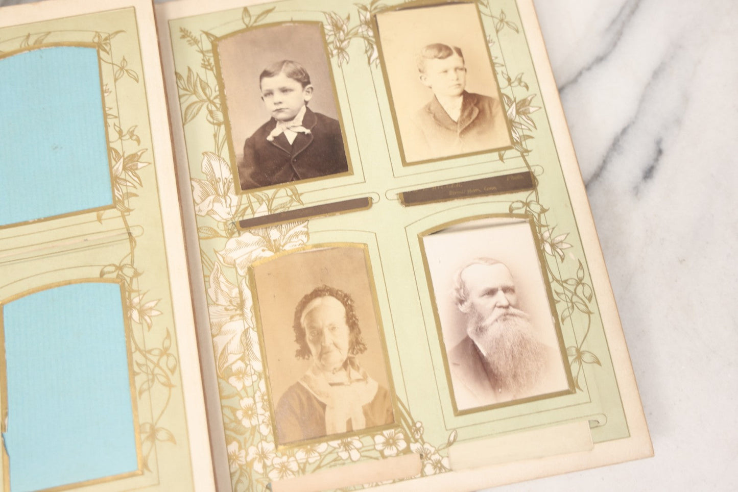 Lot 011 - Antique Victorian Photo Album With Yellow Velvet Cover, Celluloid Shell Decoration With Crab, Containing 28 Cabinet Card And Twelve C.D.V. Photographs, Including Co-Ed Class Photo, Little Girl Holding Bisque Doll, Note Binding Completely Shot