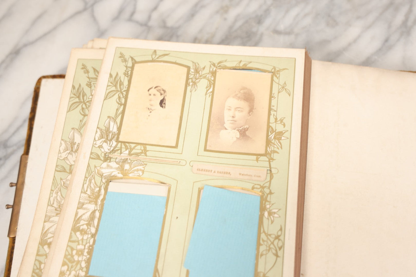 Lot 011 - Antique Victorian Photo Album With Yellow Velvet Cover, Celluloid Shell Decoration With Crab, Containing 28 Cabinet Card And Twelve C.D.V. Photographs, Including Co-Ed Class Photo, Little Girl Holding Bisque Doll, Note Binding Completely Shot