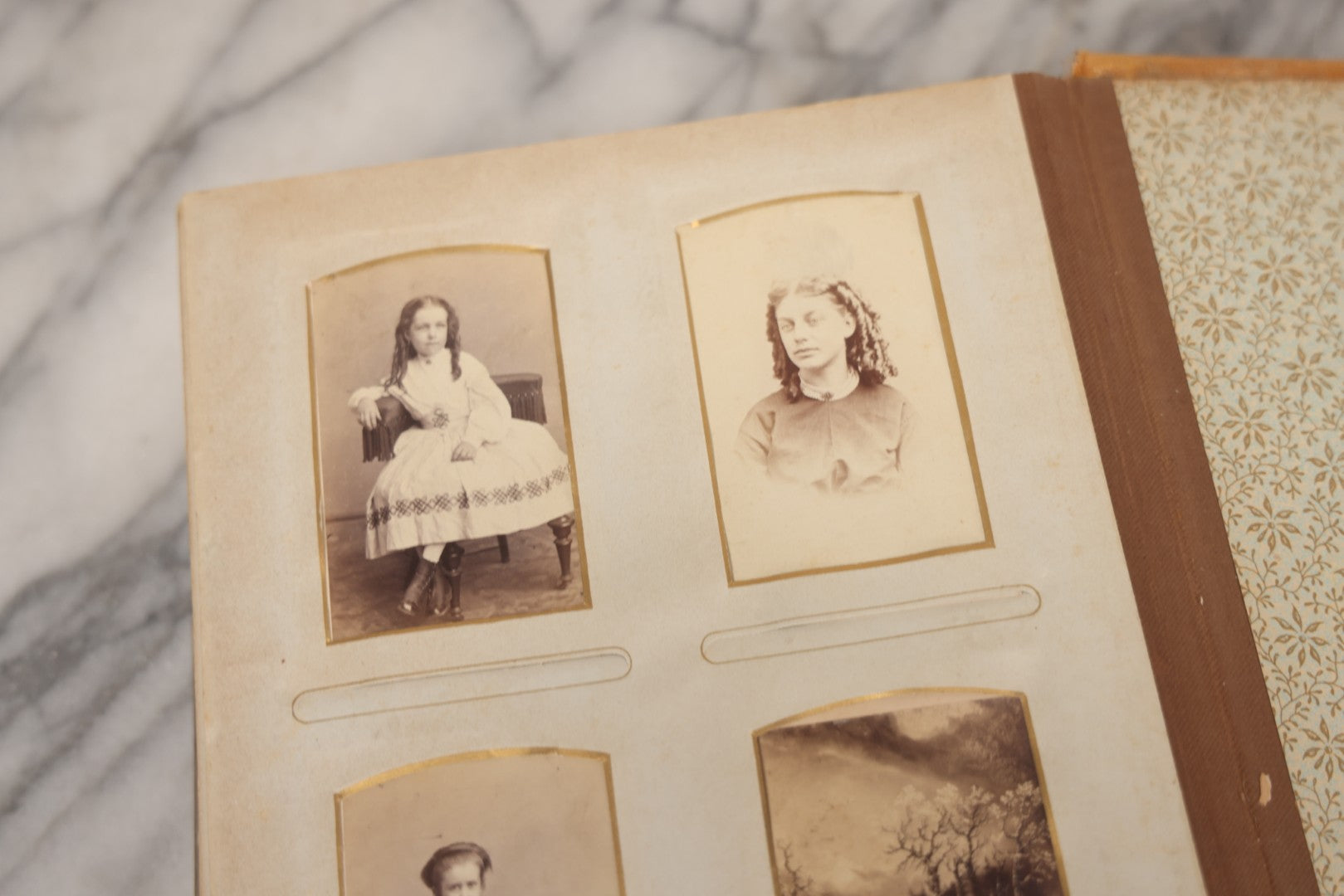 Lot 012 - Antique Victorian Photo Album With Wood Cover And Silverplate Emblem, Containing Twenty Antique Photographs Of Various Types, Including Man In Office, Children With Pram, Man With White Beard, Note Binding Wear Cover Loosening