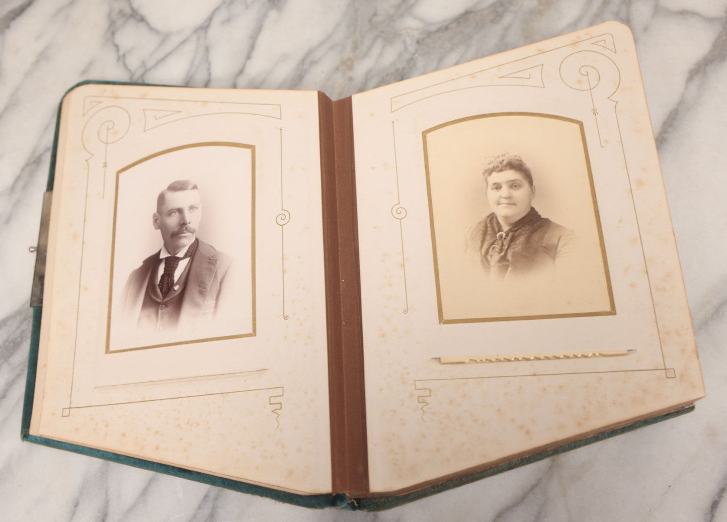 Lot 014 - Antique Victorian Photo Album With Unique Parallelogram Shape And Blue Velvet Covering, Containing 17 Cabinet Card, Three C.D.V. And Four Smaller Photographs, Of Men, Women And Children