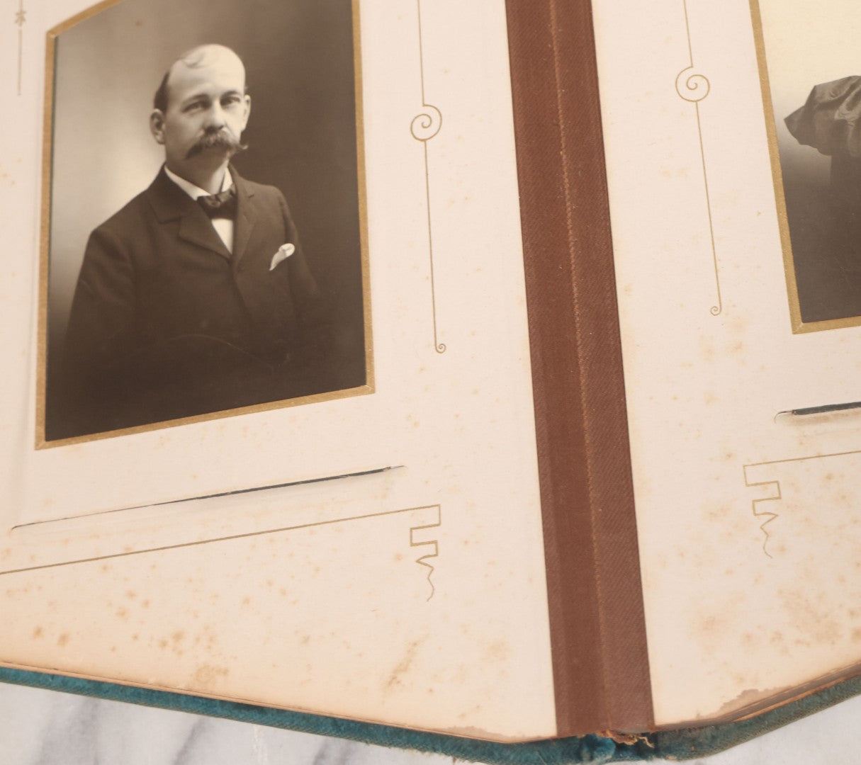 Lot 014 - Antique Victorian Photo Album With Unique Parallelogram Shape And Blue Velvet Covering, Containing 17 Cabinet Card, Three C.D.V. And Four Smaller Photographs, Of Men, Women And Children