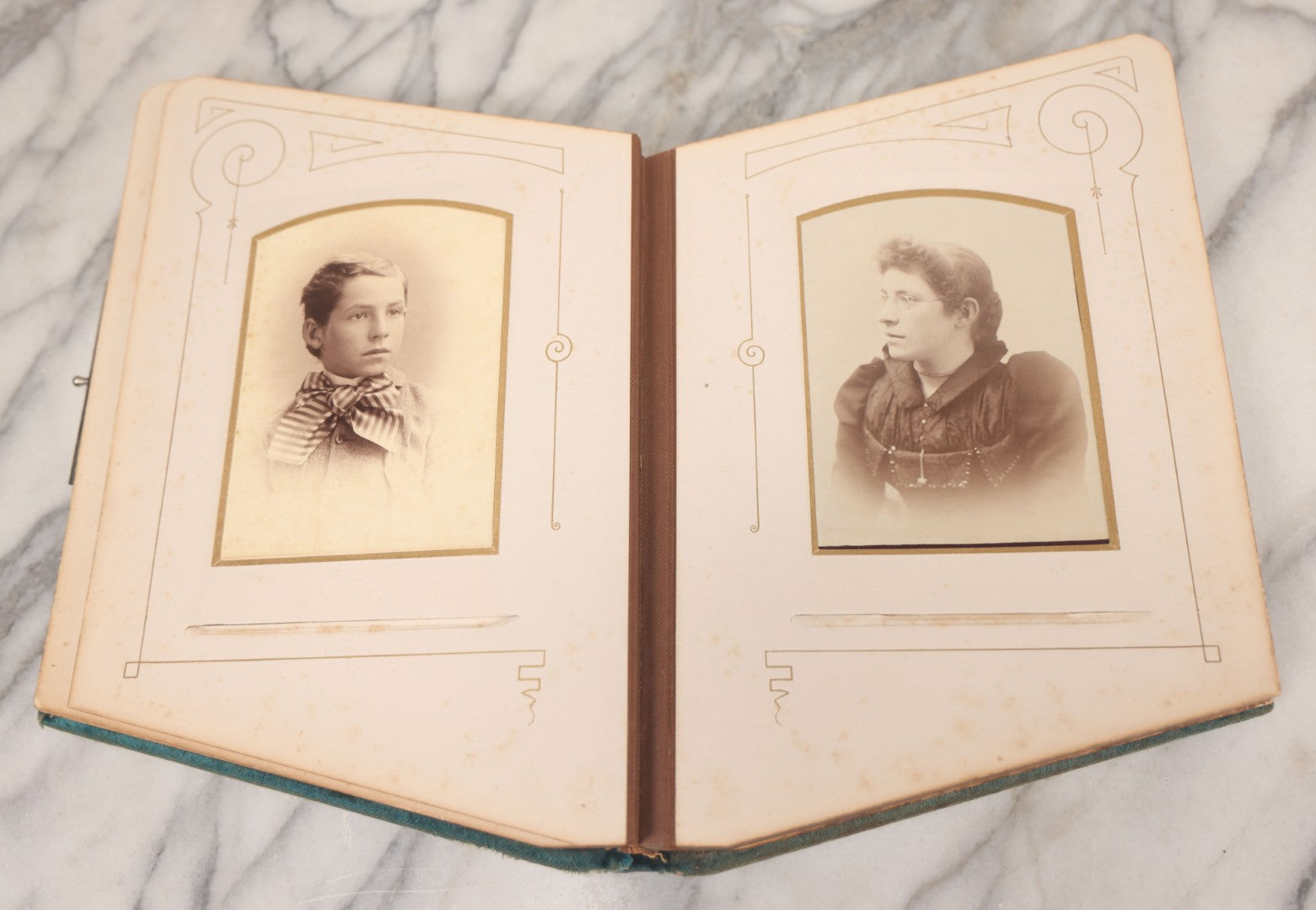 Lot 014 - Antique Victorian Photo Album With Unique Parallelogram Shape And Blue Velvet Covering, Containing 17 Cabinet Card, Three C.D.V. And Four Smaller Photographs, Of Men, Women And Children