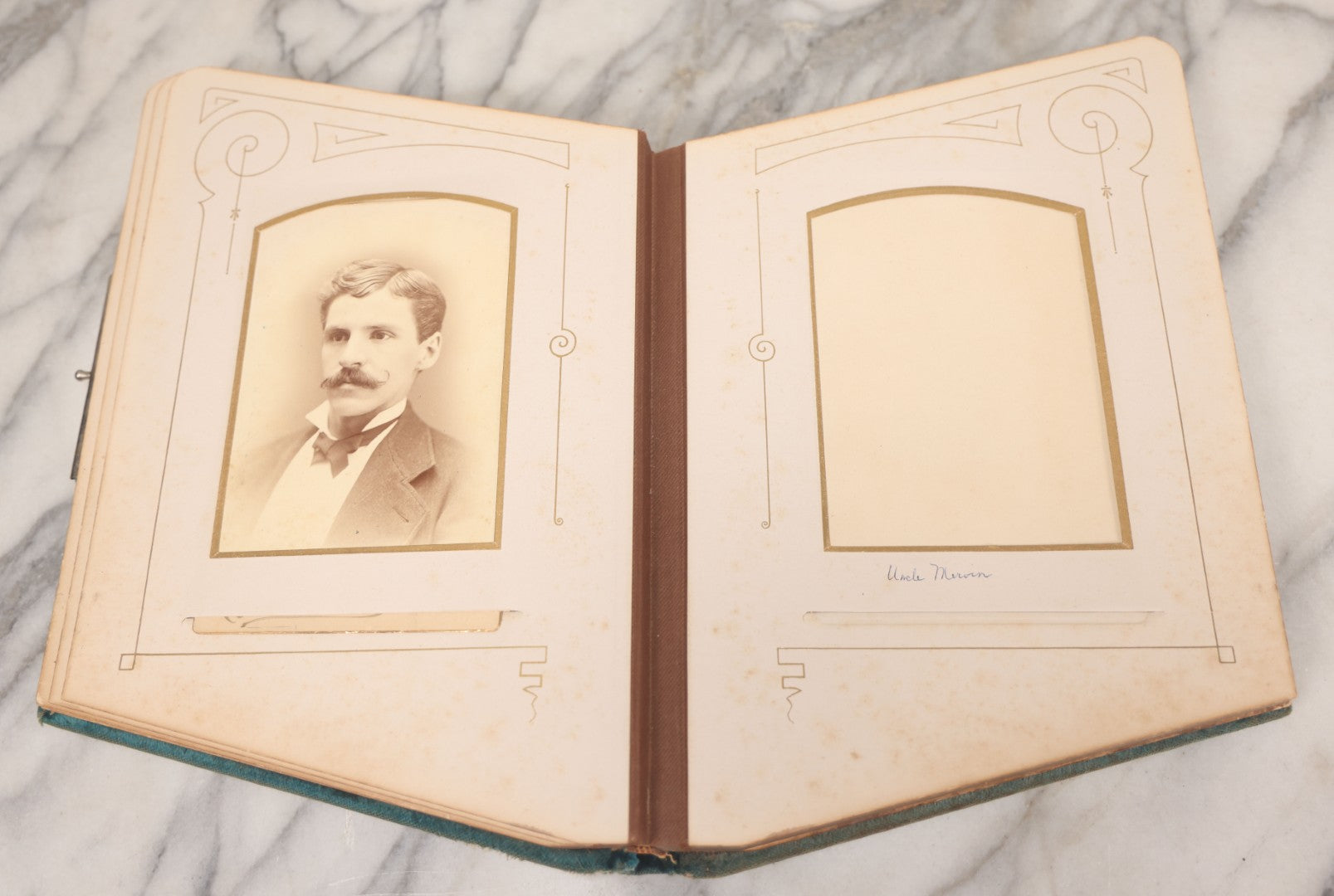 Lot 014 - Antique Victorian Photo Album With Unique Parallelogram Shape And Blue Velvet Covering, Containing 17 Cabinet Card, Three C.D.V. And Four Smaller Photographs, Of Men, Women And Children