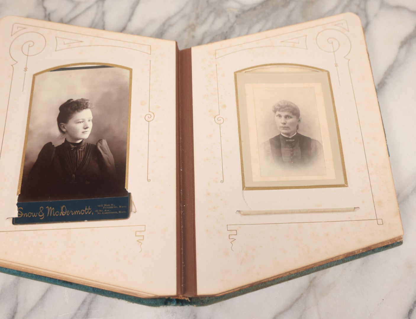 Lot 014 - Antique Victorian Photo Album With Unique Parallelogram Shape And Blue Velvet Covering, Containing 17 Cabinet Card, Three C.D.V. And Four Smaller Photographs, Of Men, Women And Children