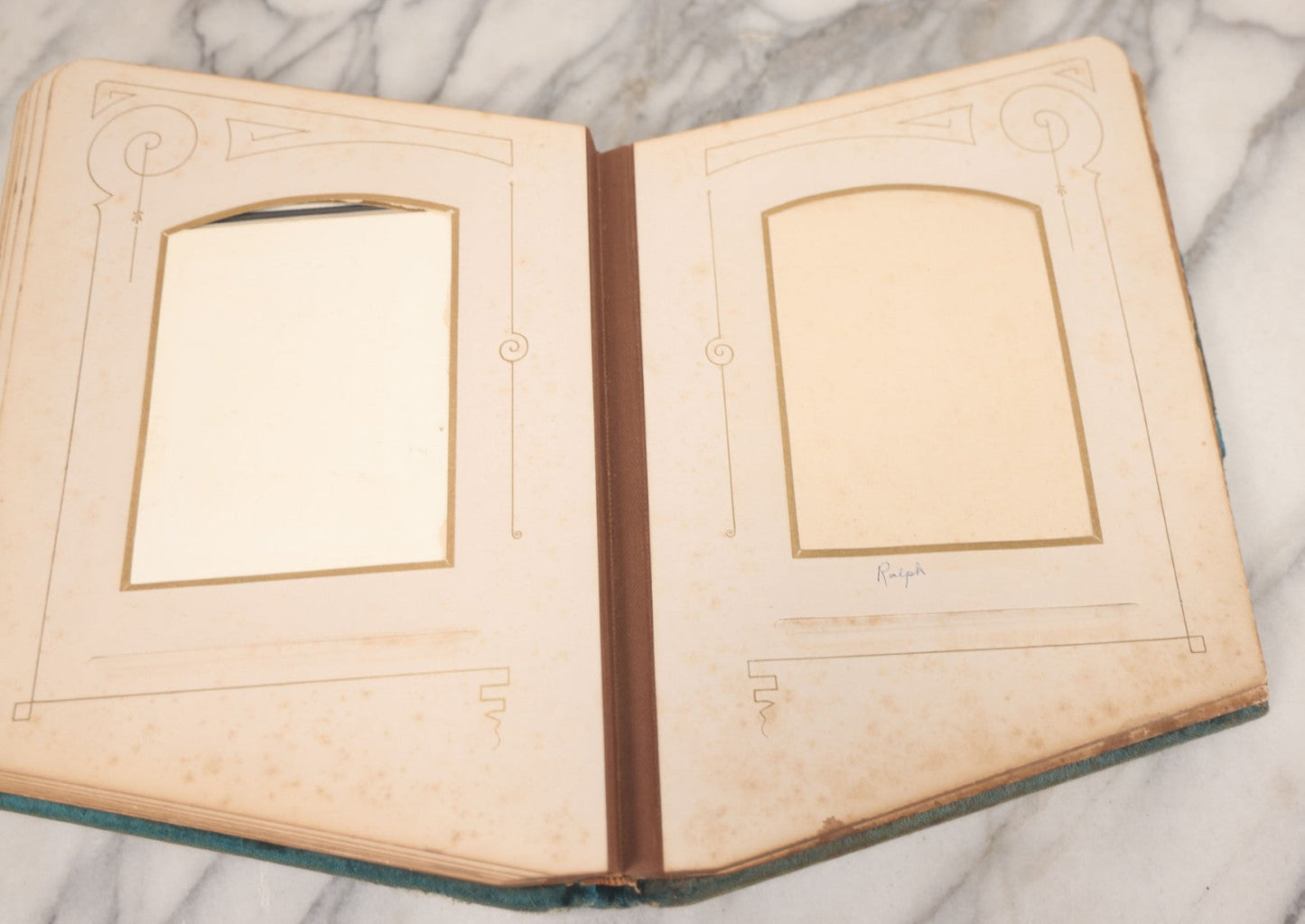 Lot 014 - Antique Victorian Photo Album With Unique Parallelogram Shape And Blue Velvet Covering, Containing 17 Cabinet Card, Three C.D.V. And Four Smaller Photographs, Of Men, Women And Children