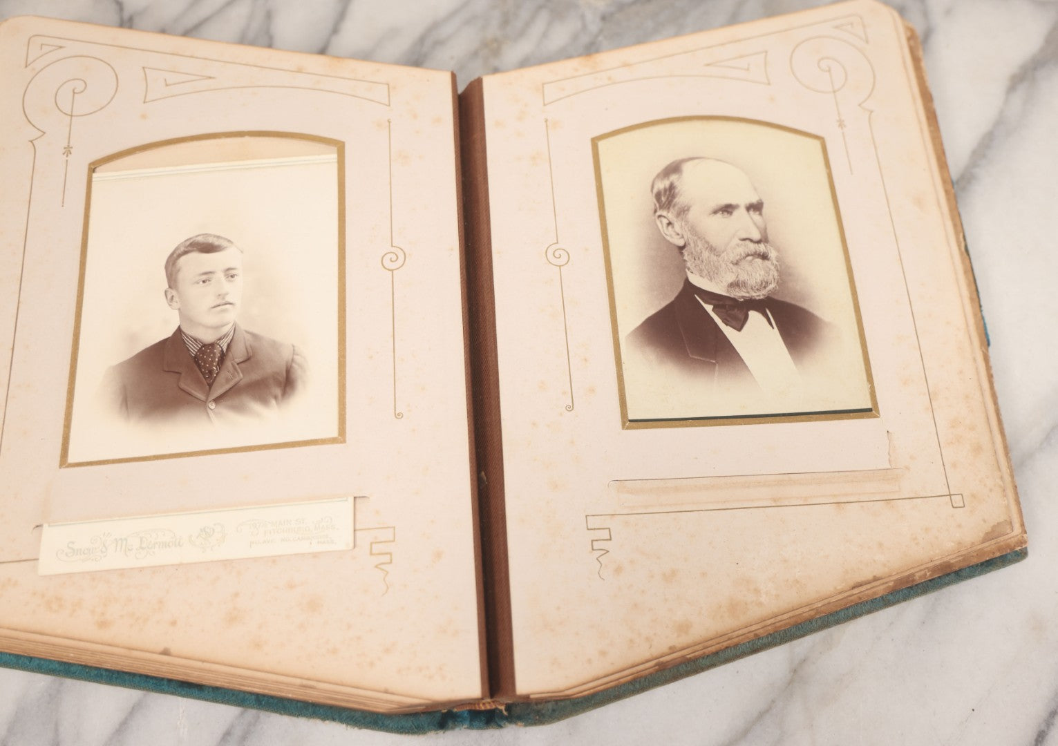 Lot 014 - Antique Victorian Photo Album With Unique Parallelogram Shape And Blue Velvet Covering, Containing 17 Cabinet Card, Three C.D.V. And Four Smaller Photographs, Of Men, Women And Children