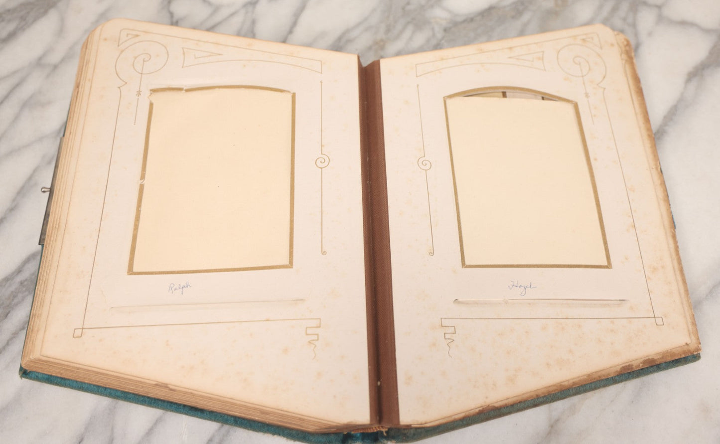 Lot 014 - Antique Victorian Photo Album With Unique Parallelogram Shape And Blue Velvet Covering, Containing 17 Cabinet Card, Three C.D.V. And Four Smaller Photographs, Of Men, Women And Children