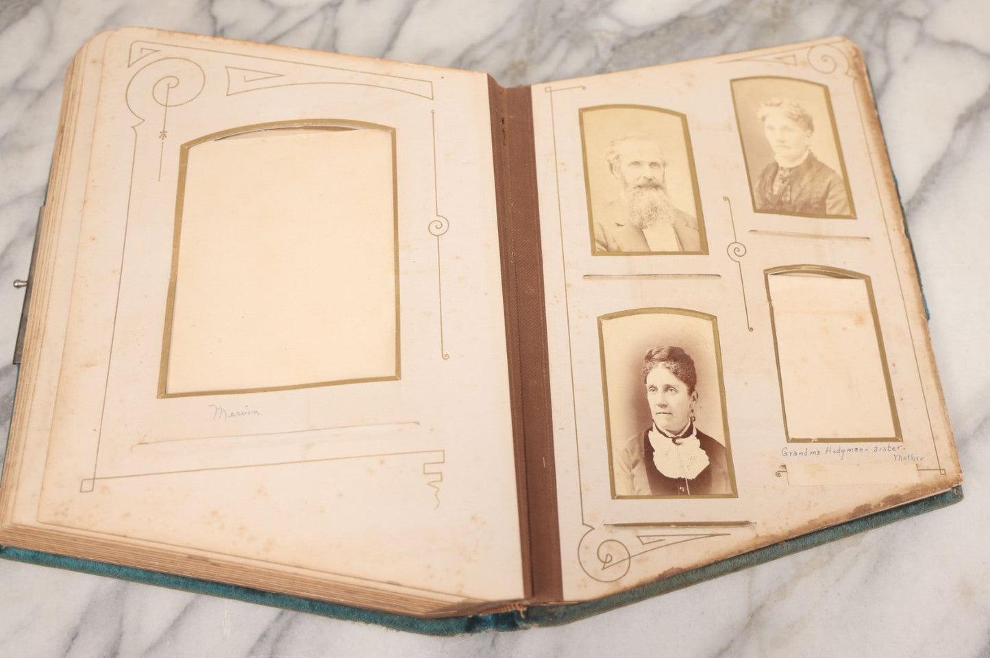 Lot 014 - Antique Victorian Photo Album With Unique Parallelogram Shape And Blue Velvet Covering, Containing 17 Cabinet Card, Three C.D.V. And Four Smaller Photographs, Of Men, Women And Children