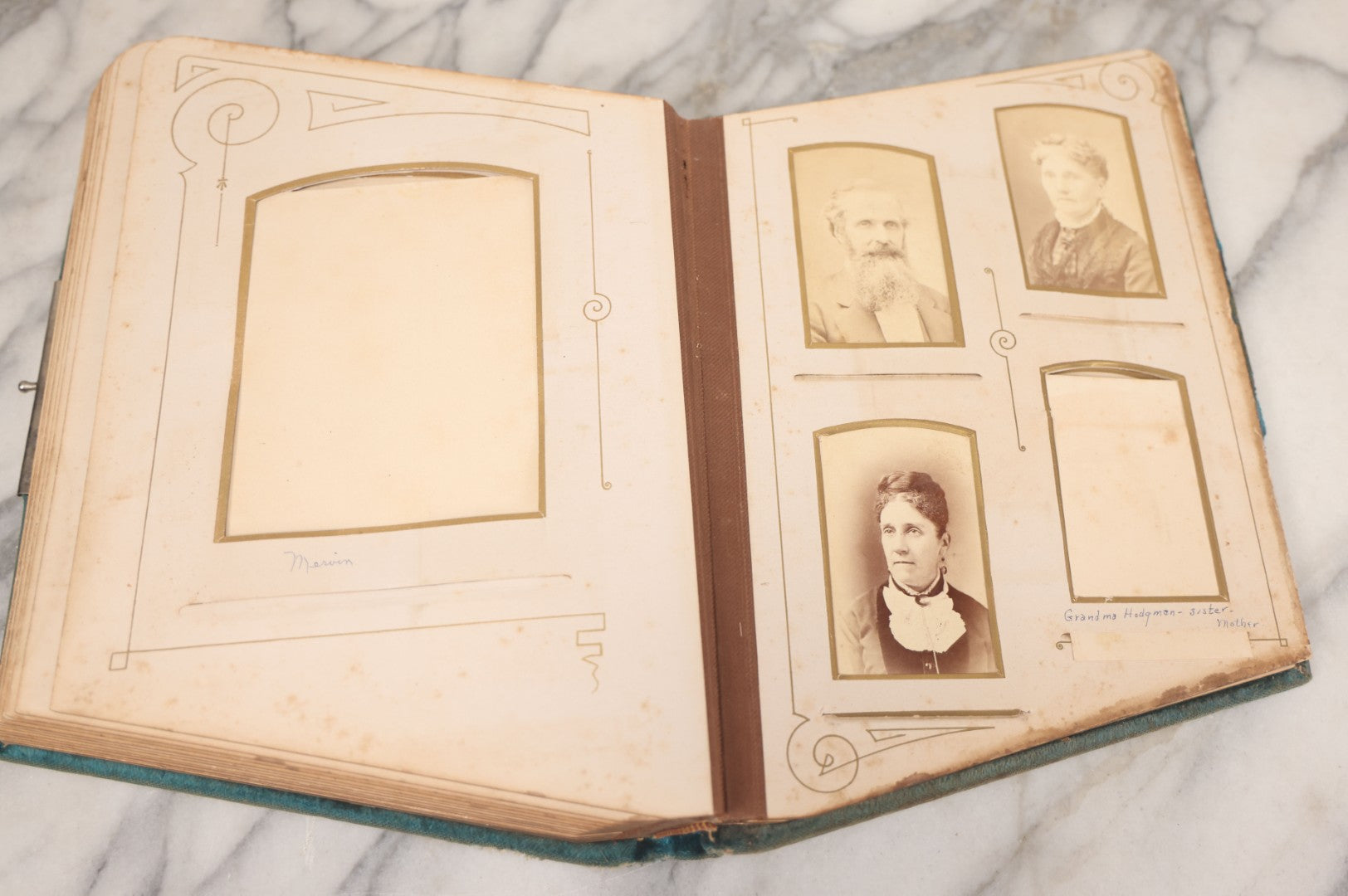 Lot 014 - Antique Victorian Photo Album With Unique Parallelogram Shape And Blue Velvet Covering, Containing 17 Cabinet Card, Three C.D.V. And Four Smaller Photographs, Of Men, Women And Children