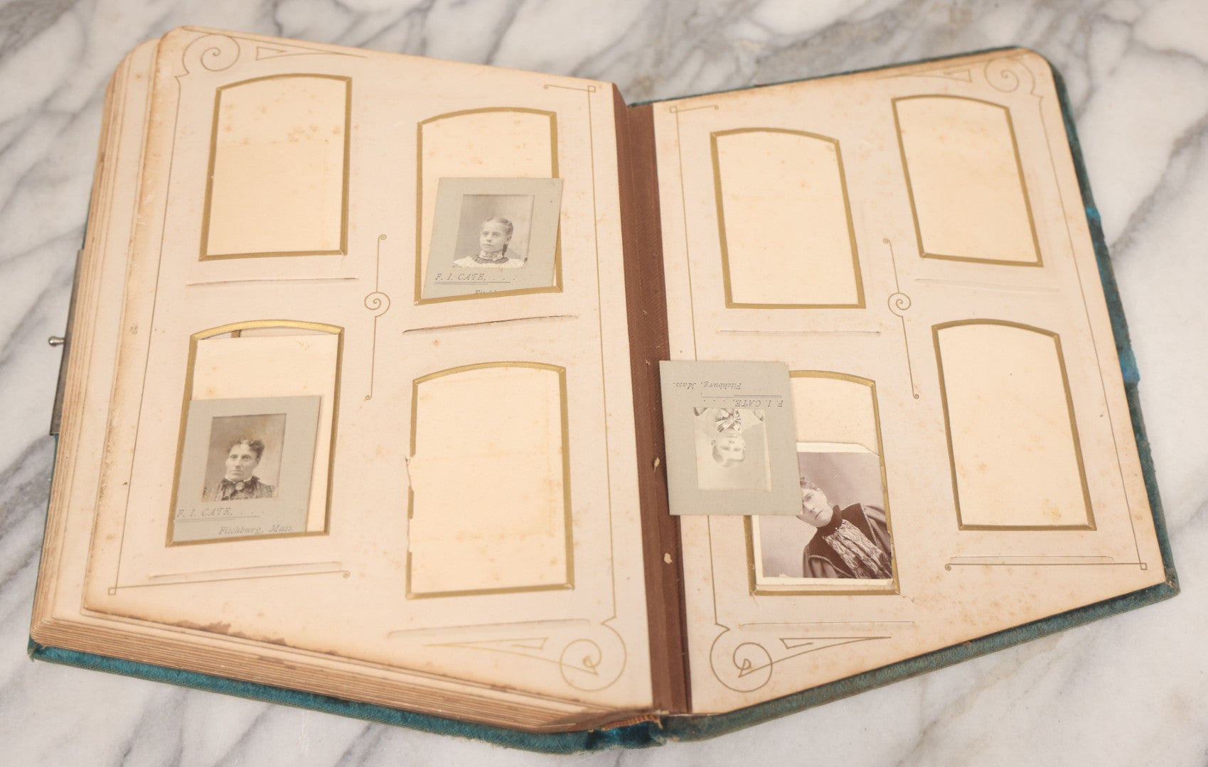 Lot 014 - Antique Victorian Photo Album With Unique Parallelogram Shape And Blue Velvet Covering, Containing 17 Cabinet Card, Three C.D.V. And Four Smaller Photographs, Of Men, Women And Children