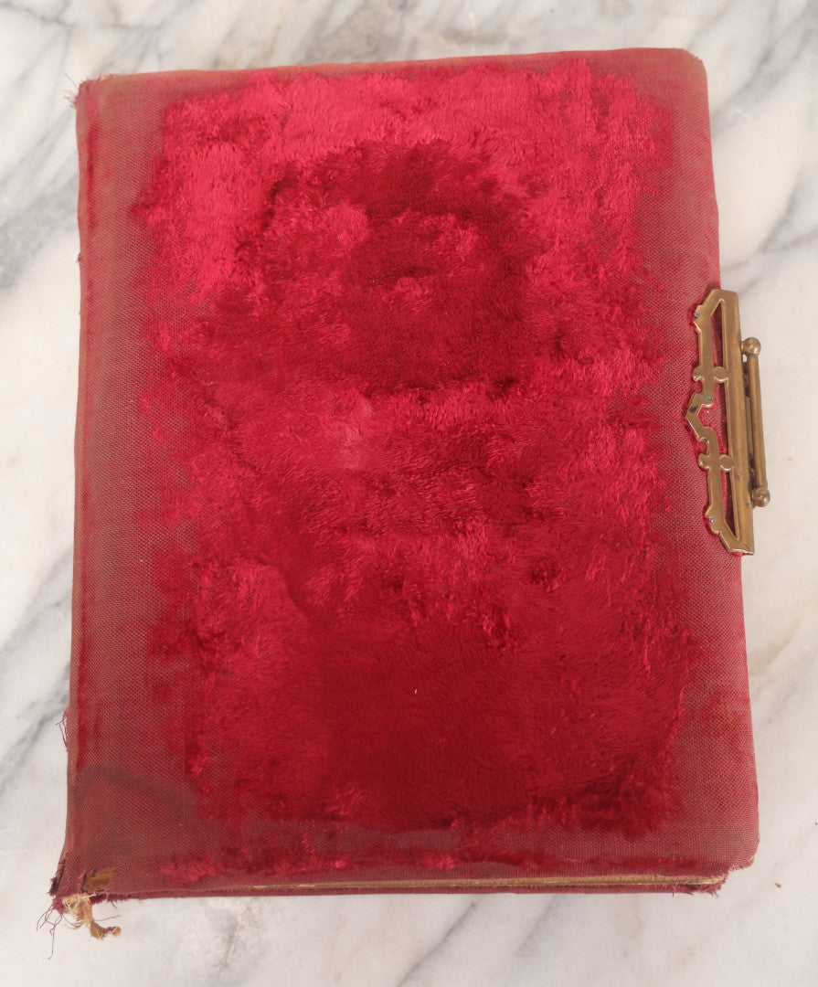 Lot 015 - Antique Victorian Photo Album With Red Velvet Covering, Containing 34 Cabinet Card Photographs, Including Woman Leaning On Gothic Chair, Group Of Four Women And Young Man In Uniform, Note Binding Completely Shot, Many Pages Loose