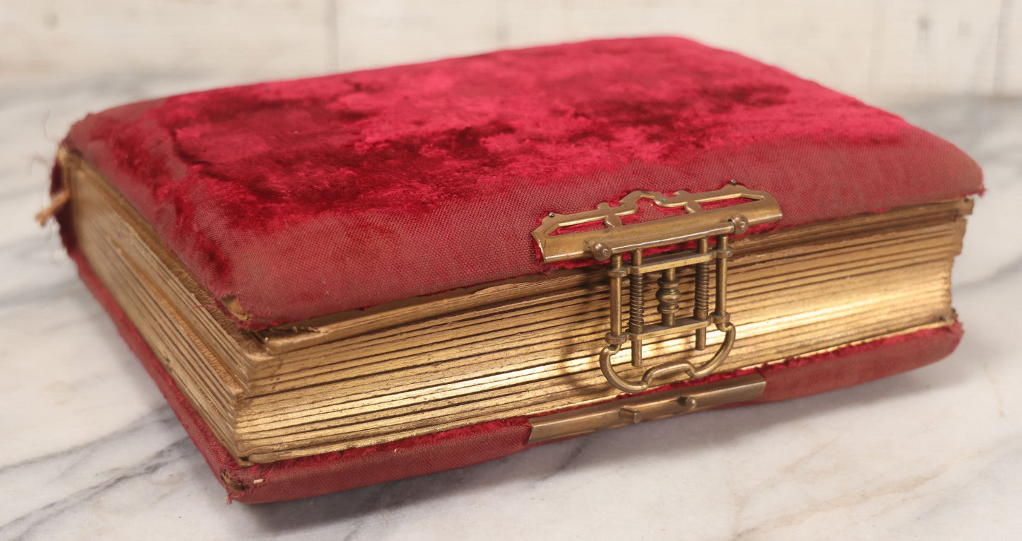 Lot 015 - Antique Victorian Photo Album With Red Velvet Covering, Containing 34 Cabinet Card Photographs, Including Woman Leaning On Gothic Chair, Group Of Four Women And Young Man In Uniform, Note Binding Completely Shot, Many Pages Loose