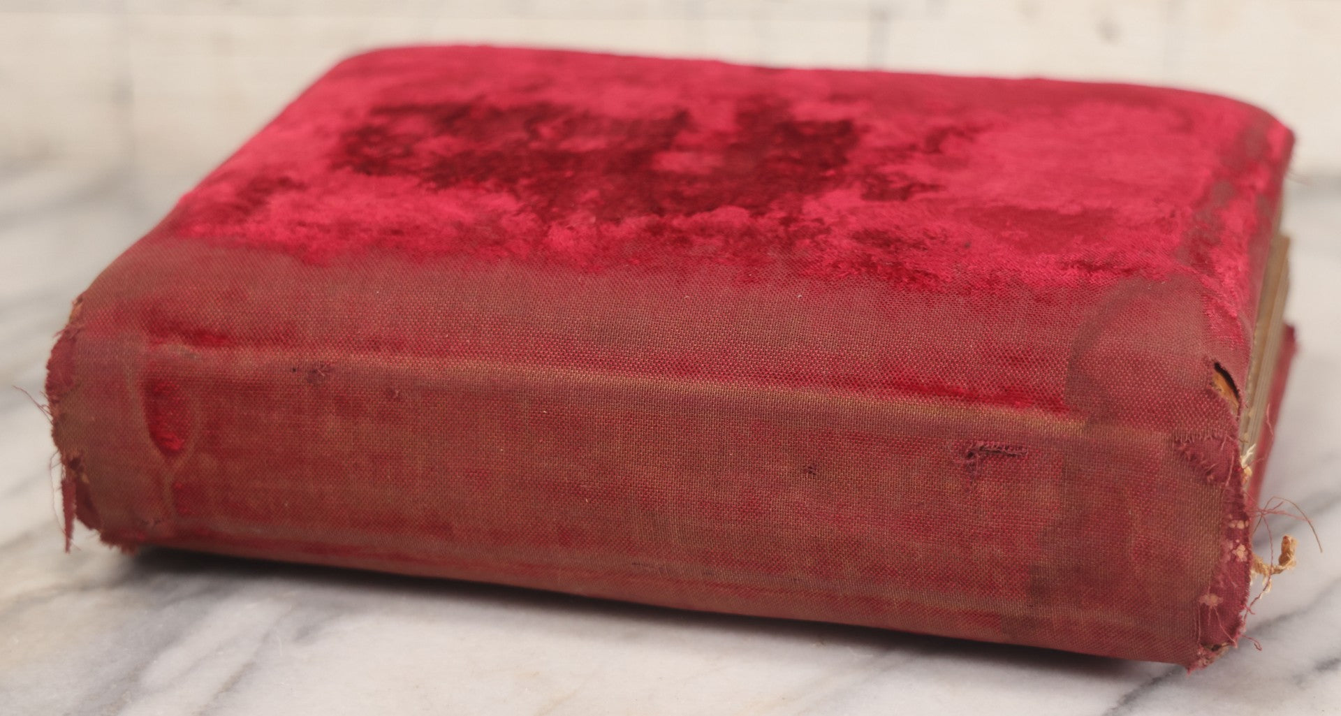 Lot 015 - Antique Victorian Photo Album With Red Velvet Covering, Containing 34 Cabinet Card Photographs, Including Woman Leaning On Gothic Chair, Group Of Four Women And Young Man In Uniform, Note Binding Completely Shot, Many Pages Loose