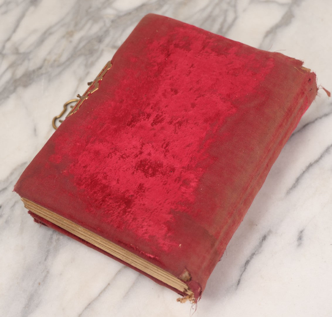 Lot 015 - Antique Victorian Photo Album With Red Velvet Covering, Containing 34 Cabinet Card Photographs, Including Woman Leaning On Gothic Chair, Group Of Four Women And Young Man In Uniform, Note Binding Completely Shot, Many Pages Loose