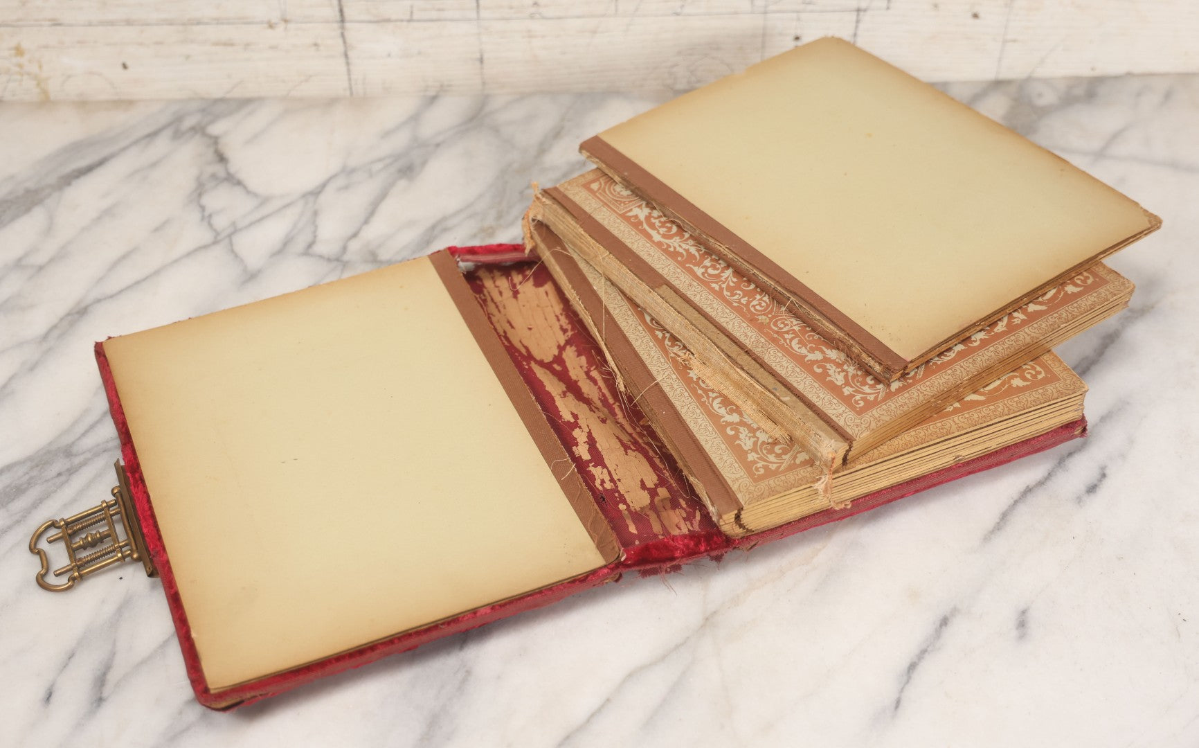 Lot 015 - Antique Victorian Photo Album With Red Velvet Covering, Containing 34 Cabinet Card Photographs, Including Woman Leaning On Gothic Chair, Group Of Four Women And Young Man In Uniform, Note Binding Completely Shot, Many Pages Loose