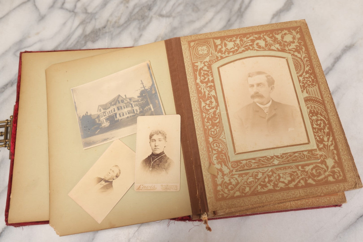 Lot 015 - Antique Victorian Photo Album With Red Velvet Covering, Containing 34 Cabinet Card Photographs, Including Woman Leaning On Gothic Chair, Group Of Four Women And Young Man In Uniform, Note Binding Completely Shot, Many Pages Loose