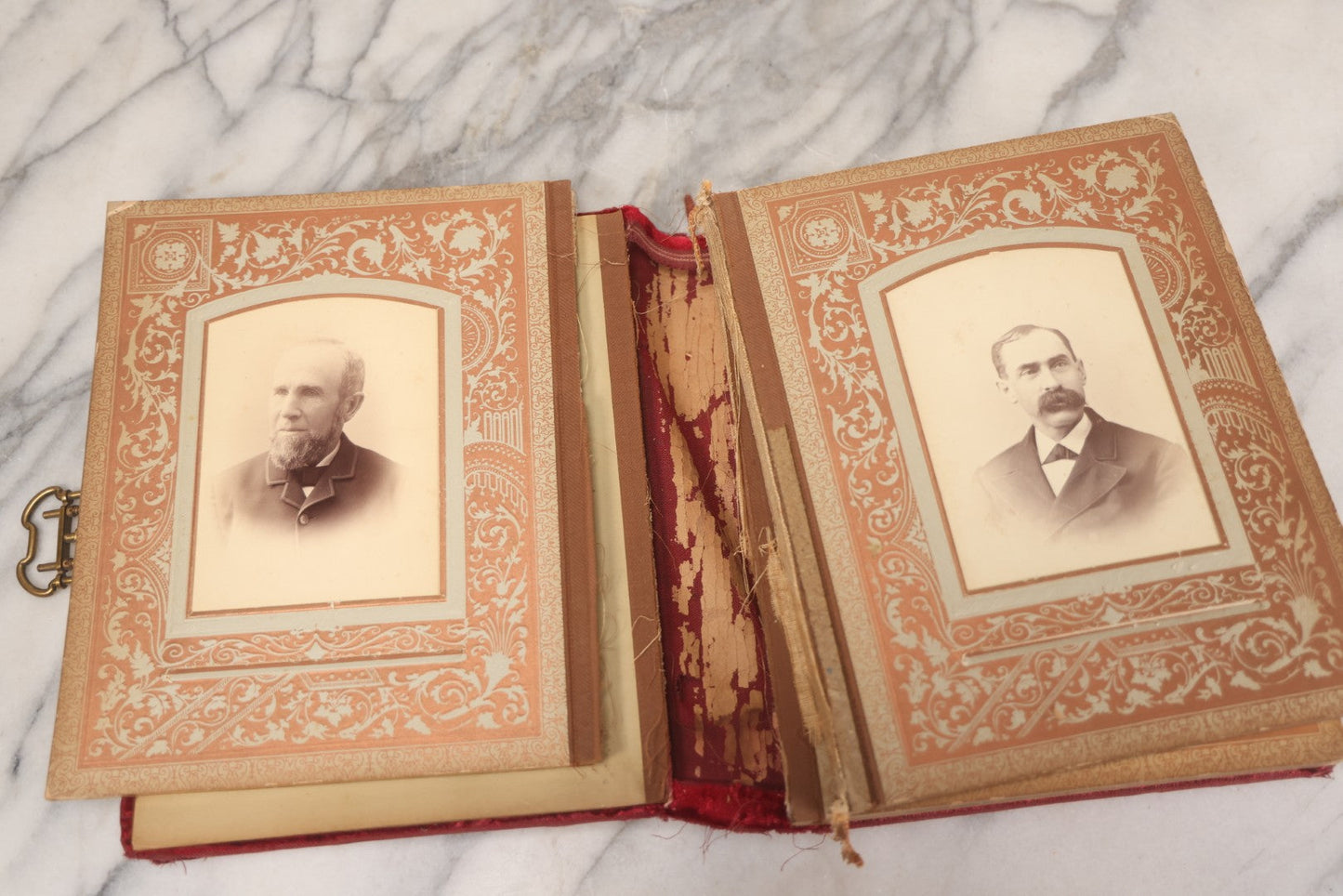 Lot 015 - Antique Victorian Photo Album With Red Velvet Covering, Containing 34 Cabinet Card Photographs, Including Woman Leaning On Gothic Chair, Group Of Four Women And Young Man In Uniform, Note Binding Completely Shot, Many Pages Loose