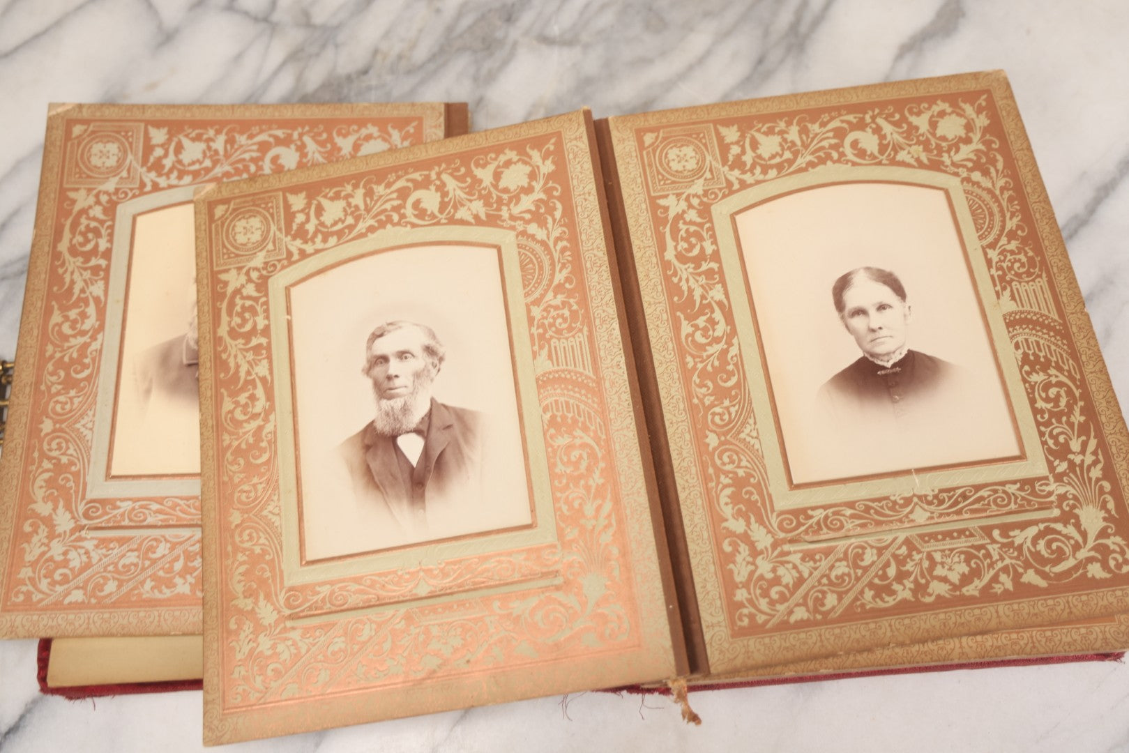 Lot 015 - Antique Victorian Photo Album With Red Velvet Covering, Containing 34 Cabinet Card Photographs, Including Woman Leaning On Gothic Chair, Group Of Four Women And Young Man In Uniform, Note Binding Completely Shot, Many Pages Loose
