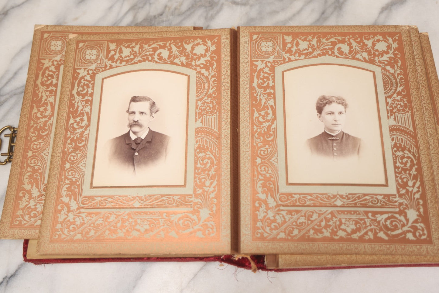 Lot 015 - Antique Victorian Photo Album With Red Velvet Covering, Containing 34 Cabinet Card Photographs, Including Woman Leaning On Gothic Chair, Group Of Four Women And Young Man In Uniform, Note Binding Completely Shot, Many Pages Loose