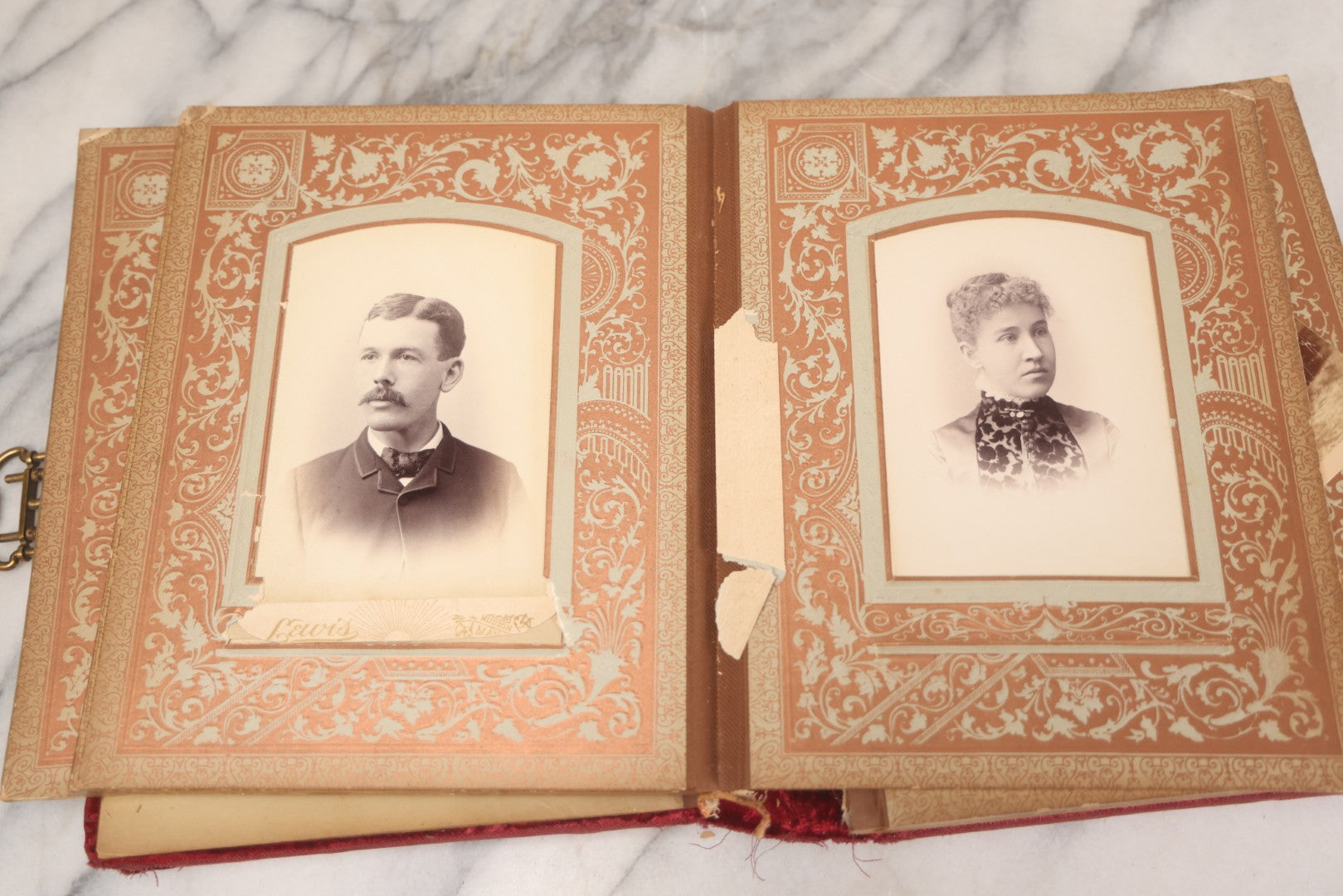 Lot 015 - Antique Victorian Photo Album With Red Velvet Covering, Containing 34 Cabinet Card Photographs, Including Woman Leaning On Gothic Chair, Group Of Four Women And Young Man In Uniform, Note Binding Completely Shot, Many Pages Loose