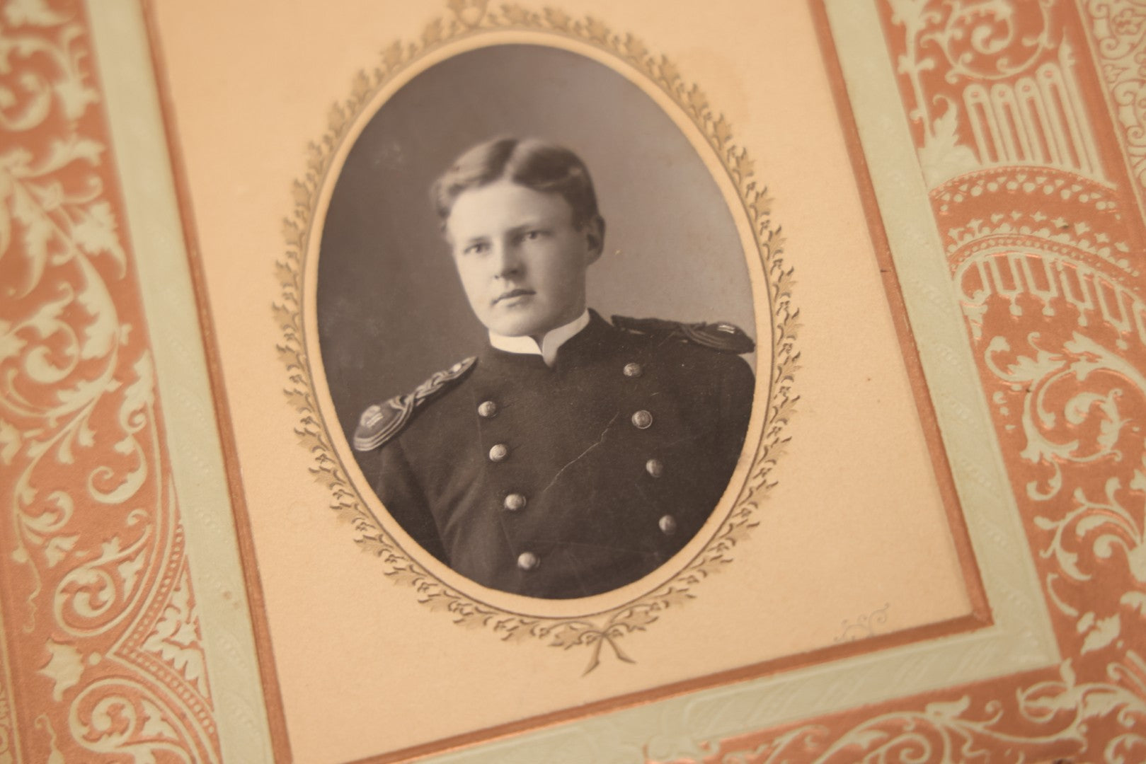 Lot 015 - Antique Victorian Photo Album With Red Velvet Covering, Containing 34 Cabinet Card Photographs, Including Woman Leaning On Gothic Chair, Group Of Four Women And Young Man In Uniform, Note Binding Completely Shot, Many Pages Loose