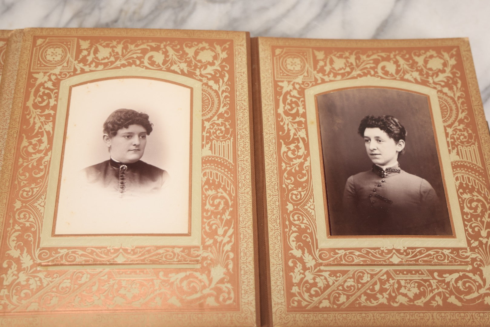 Lot 015 - Antique Victorian Photo Album With Red Velvet Covering, Containing 34 Cabinet Card Photographs, Including Woman Leaning On Gothic Chair, Group Of Four Women And Young Man In Uniform, Note Binding Completely Shot, Many Pages Loose