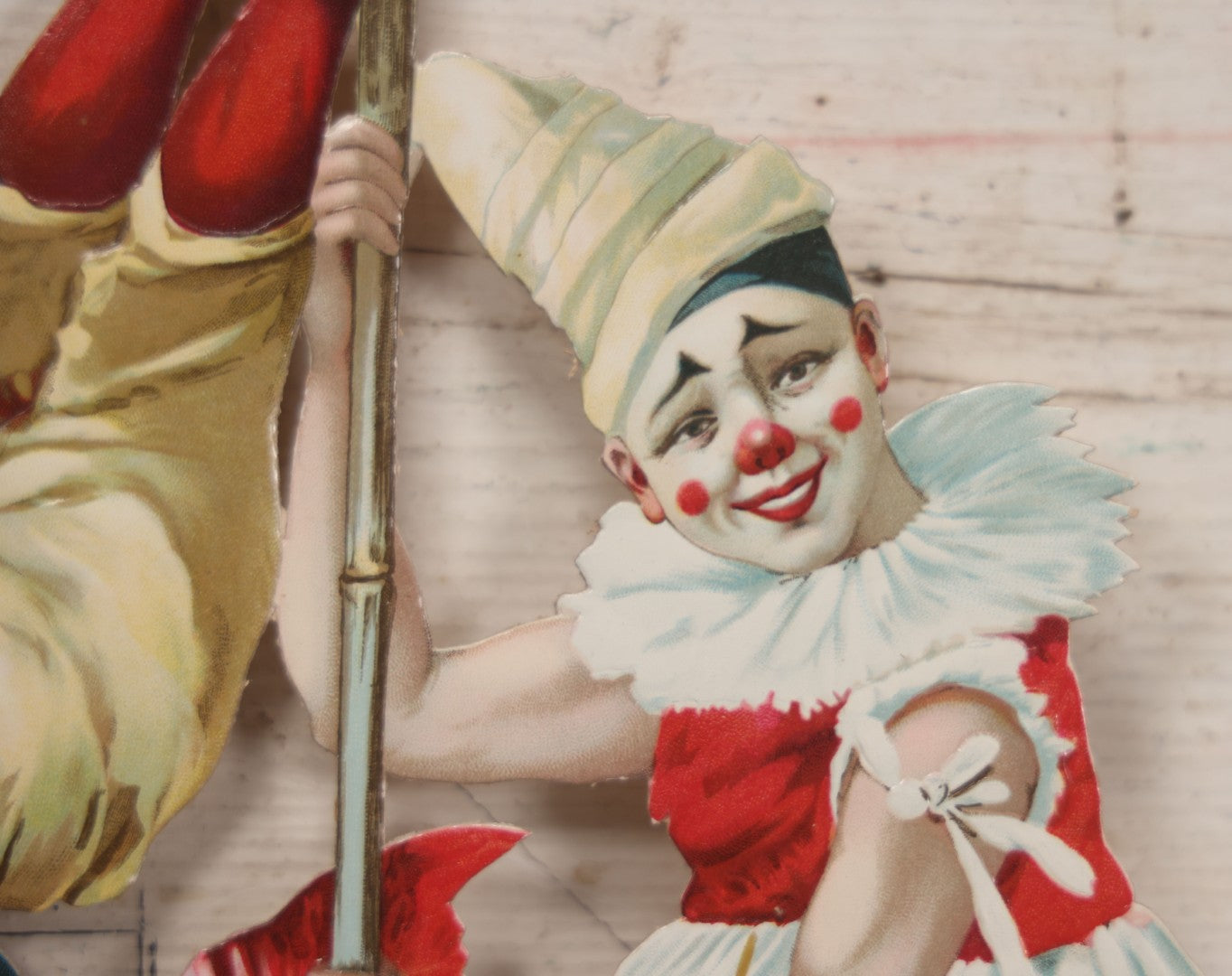 Lot 016 - Antique Die Cut Lithographed Acrobatic Circus Clowns Paper Display, Made In Germany For The R.T. Company, No. 10316, Class O, 10-1/2" x 19-1/2"