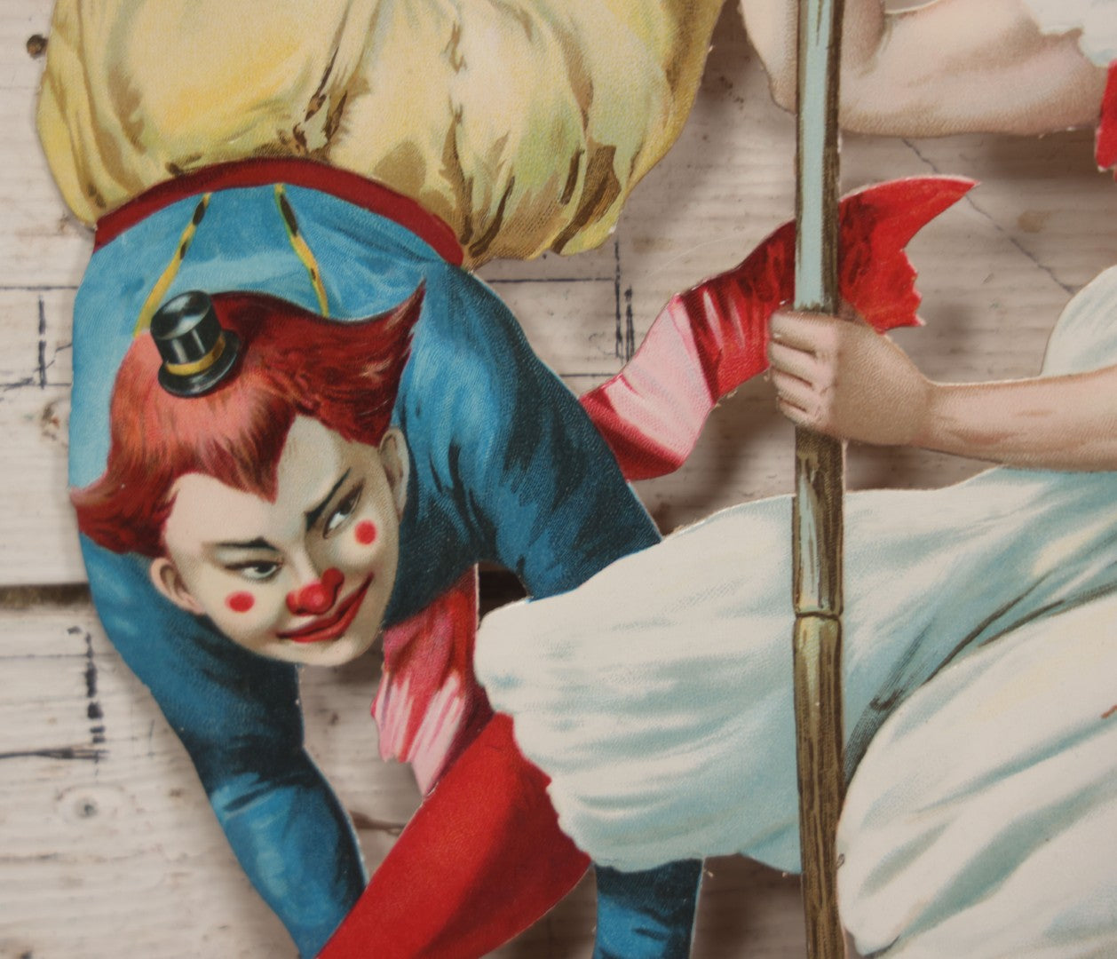 Lot 016 - Antique Die Cut Lithographed Acrobatic Circus Clowns Paper Display, Made In Germany For The R.T. Company, No. 10316, Class O, 10-1/2" x 19-1/2"